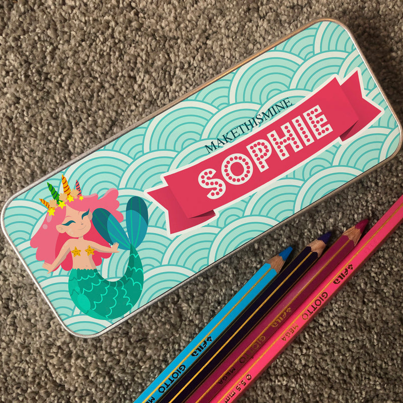 Personalised Children's Pencil Tin with Printed Mermaid Design