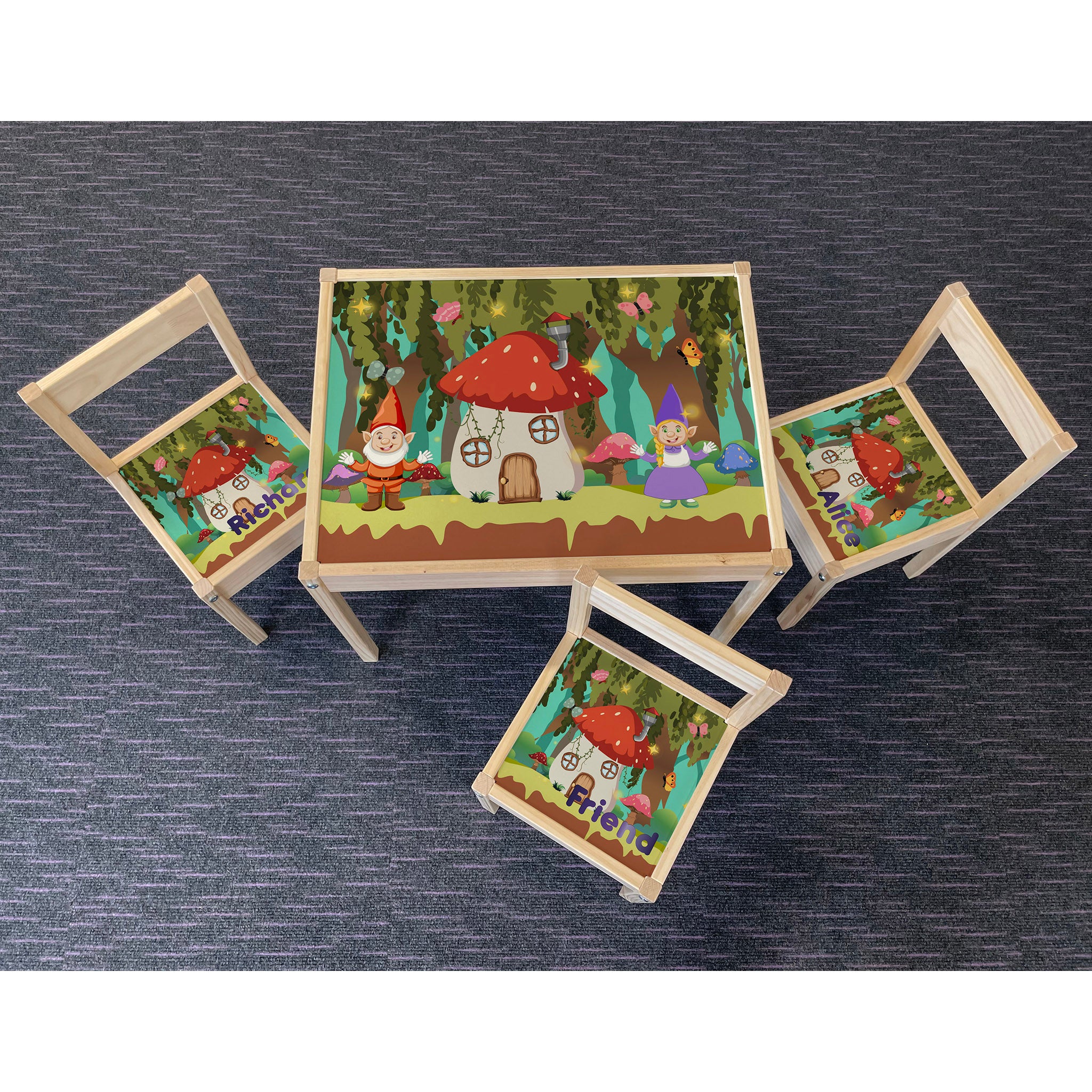 Personalised Children's Table and 3 Chair Printed Mushroom Design