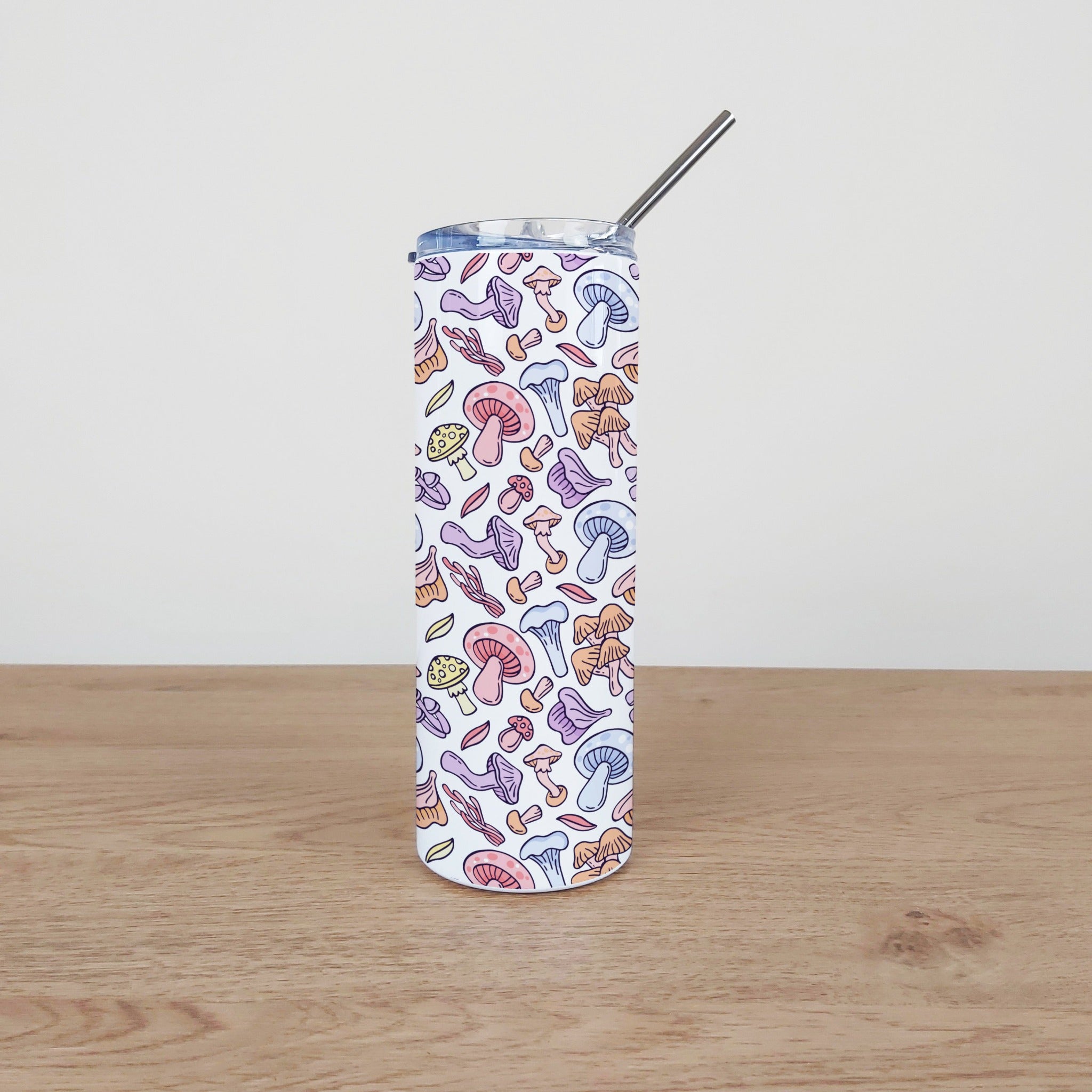 Stainless Steel Skinny Tumbler & Straw with Colourful Mushroom Pattern Design