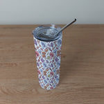 Stainless Steel Skinny Tumbler & Straw with Colourful Mushroom Pattern Design