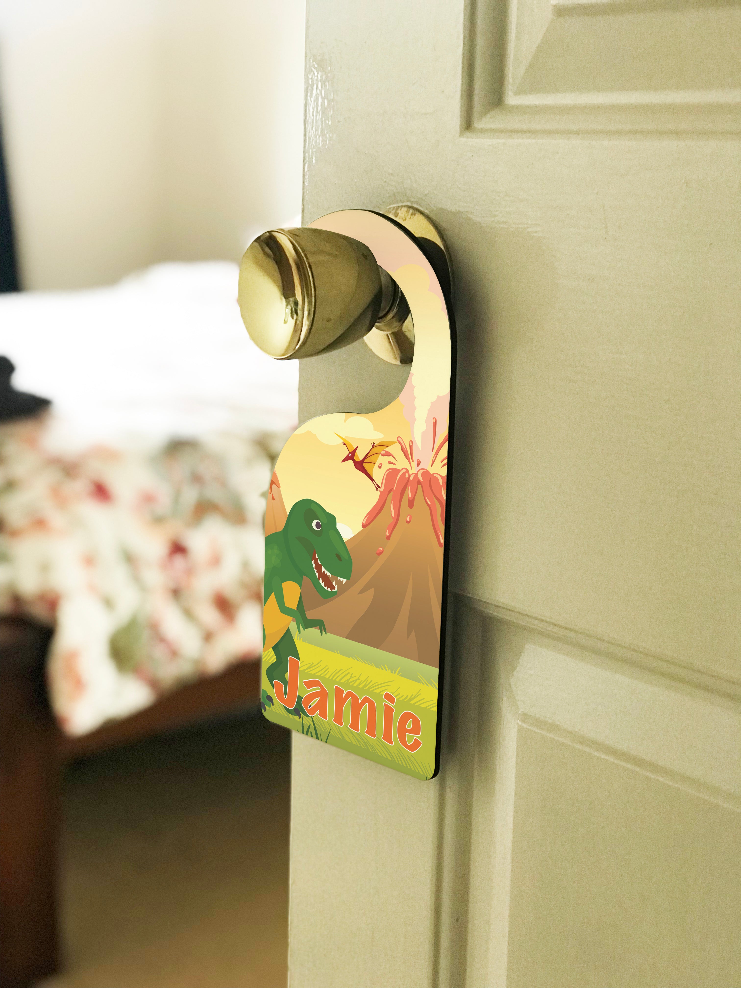 Personalised Children's Door Hanger - Dinosaur Volcano