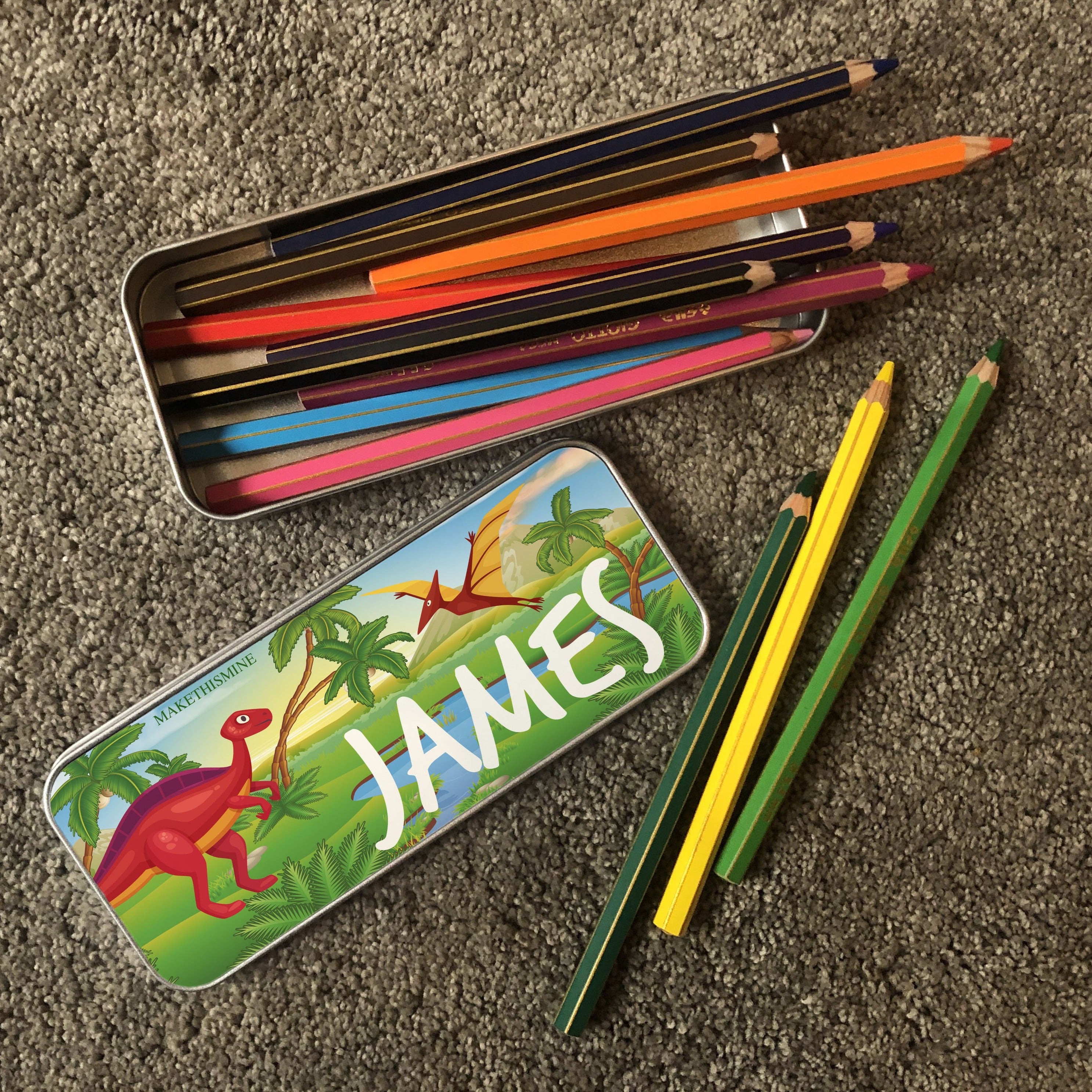 Personalised Children's Pencil Tin with Printed Dinosaur Landscape Design