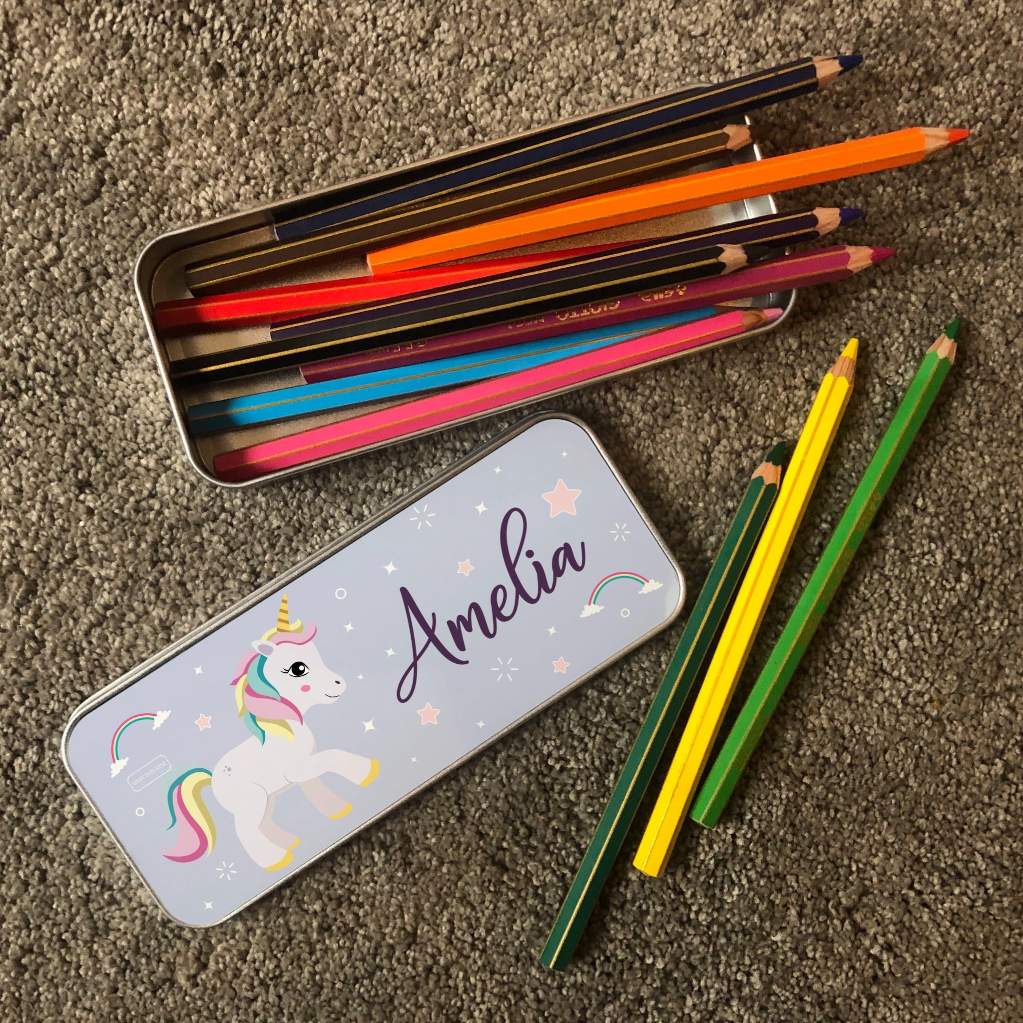 Personalised Children's Pencil Tin with Printed Unicorn Sparkle Design