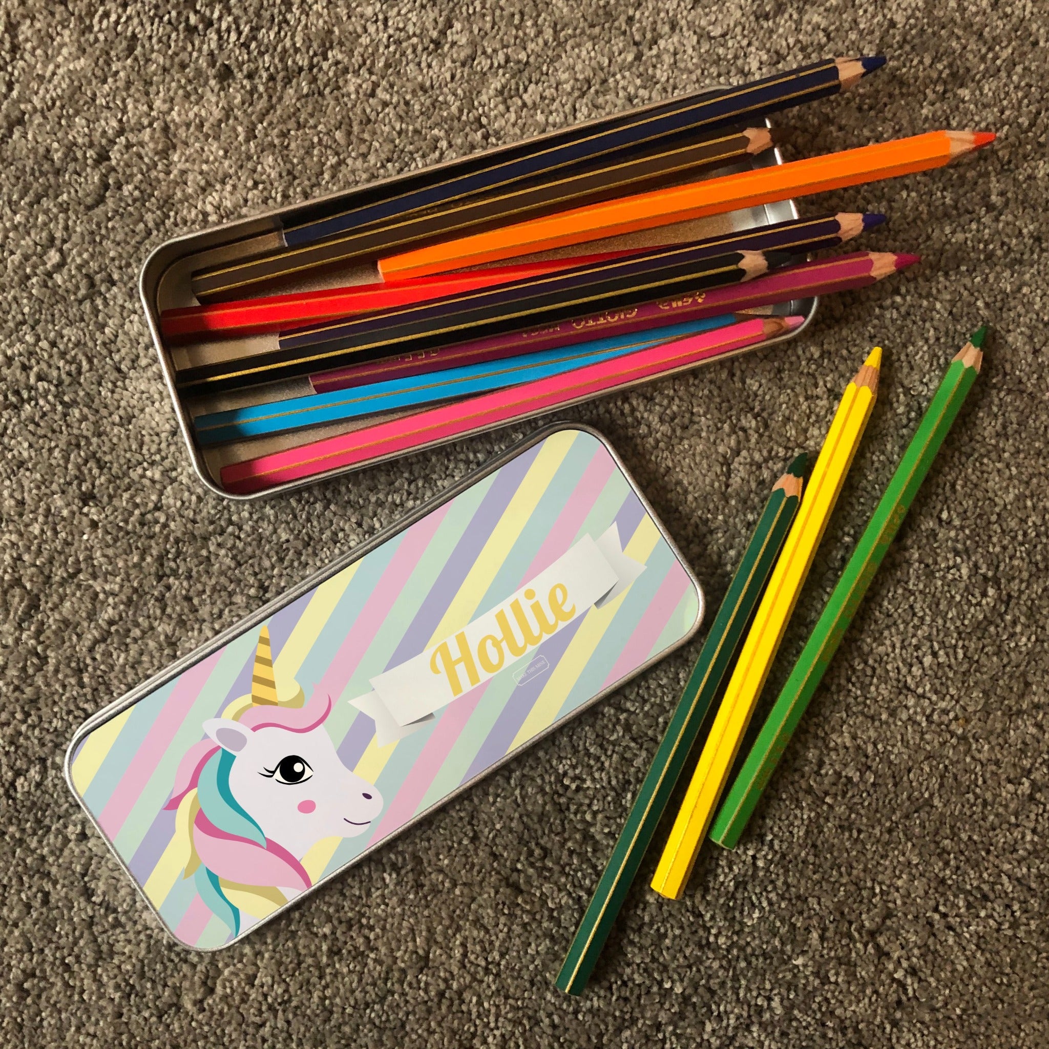 Personalised Children's Pencil Tin with Printed Striped Unicorn Design