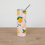 Stainless Steel Skinny Tumbler & Straw with Orange Fruit and Flowers Design