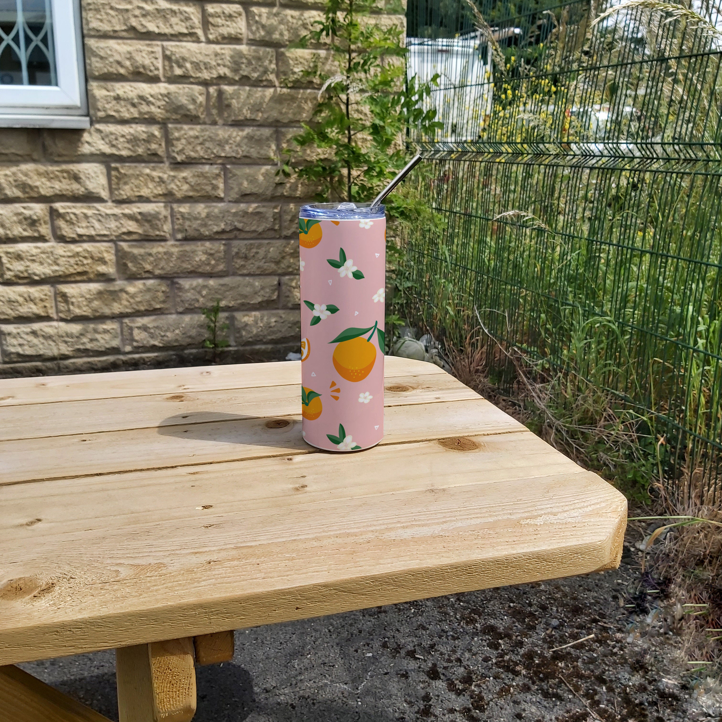 Stainless Steel Skinny Tumbler & Straw with Orange Fruit and Flowers Design