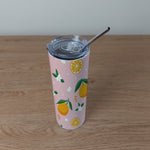 Stainless Steel Skinny Tumbler & Straw with Orange Fruit and Flowers Design