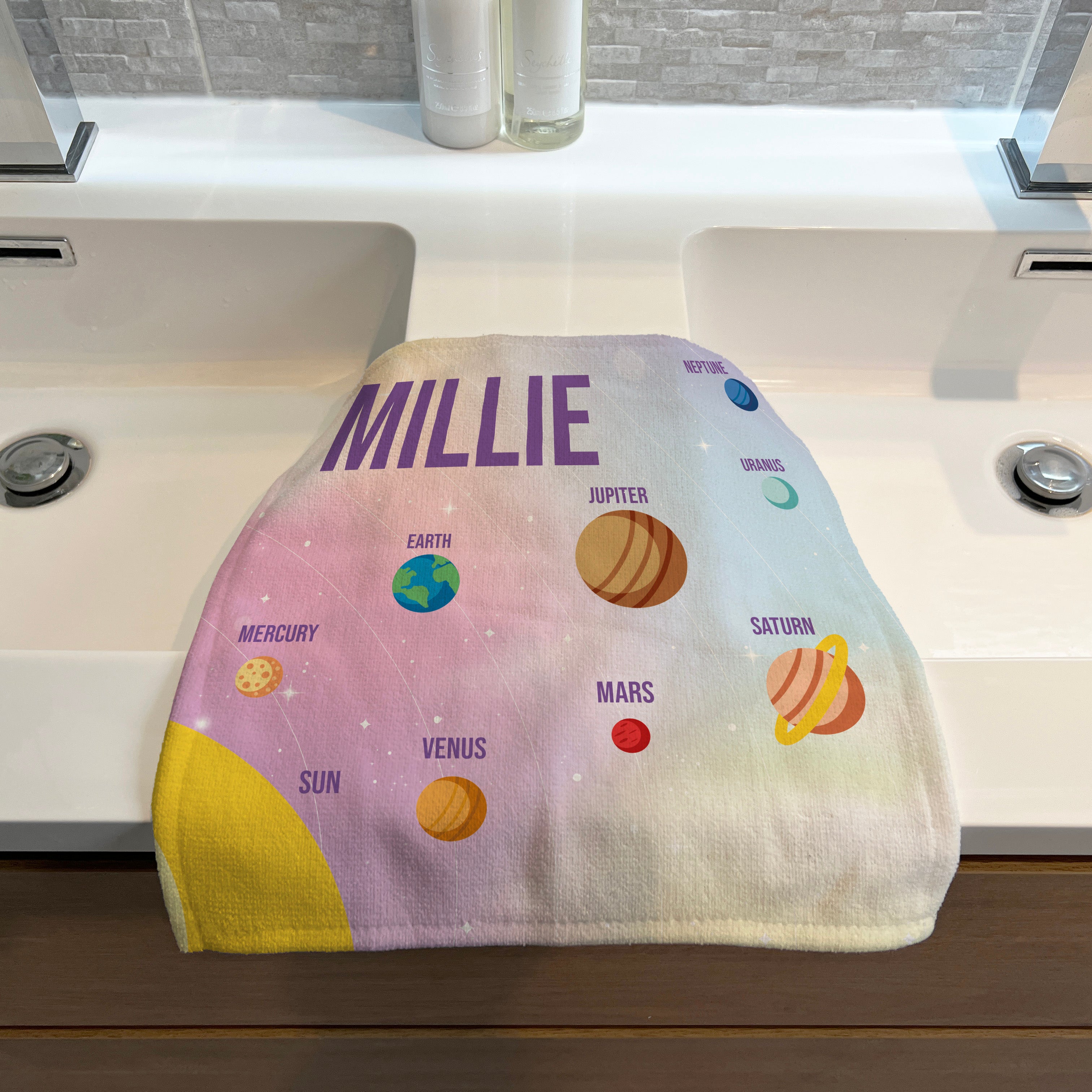 Personalised Children's Towel & Face Cloth Pack - Pink Planets