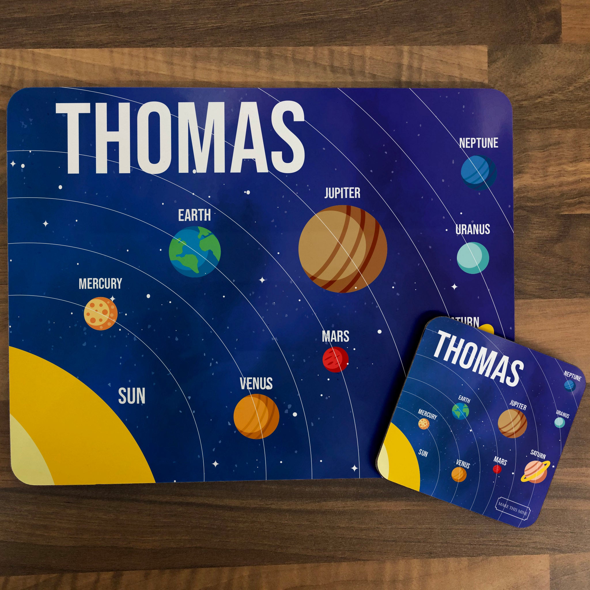 Personalised Kids Hardboard Placemat and Coaster Set Planet Design