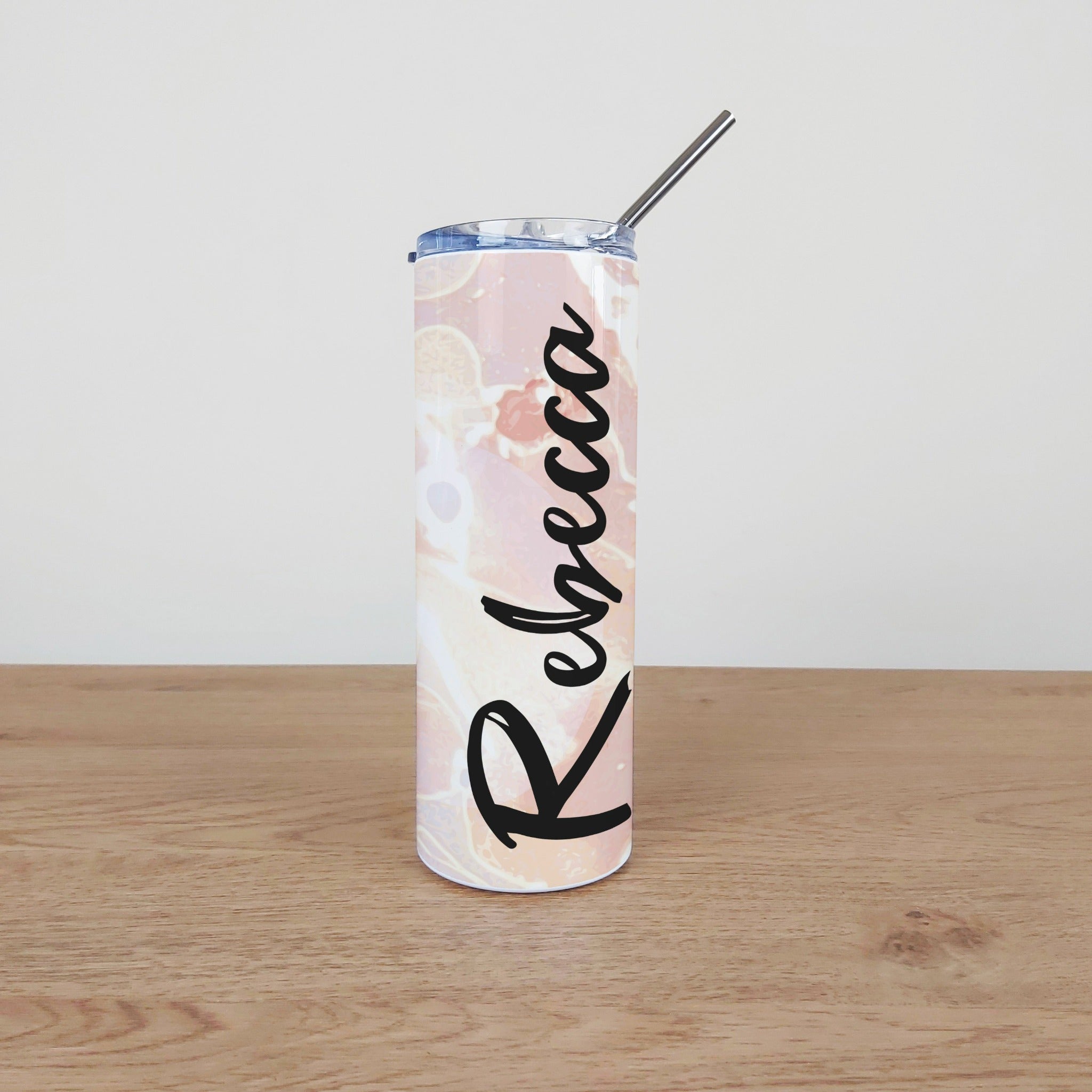 Personalised Stainless Steel Skinny Tumbler & Straw with Peach Pink Marble Design