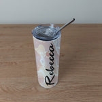Personalised Stainless Steel Skinny Tumbler & Straw with Peach Pink Marble Design