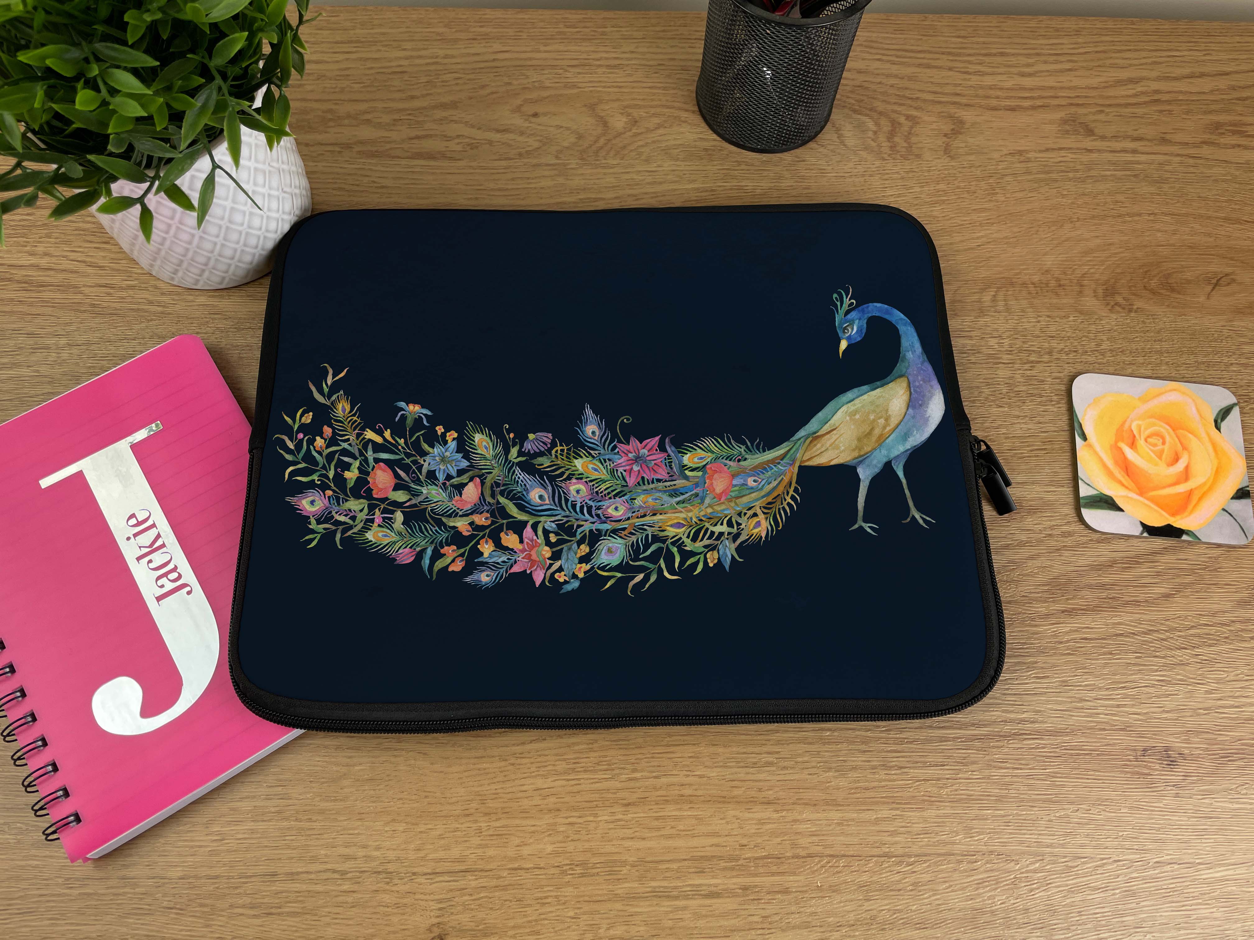 Laptop Sleeve with Flowery Peacock Design