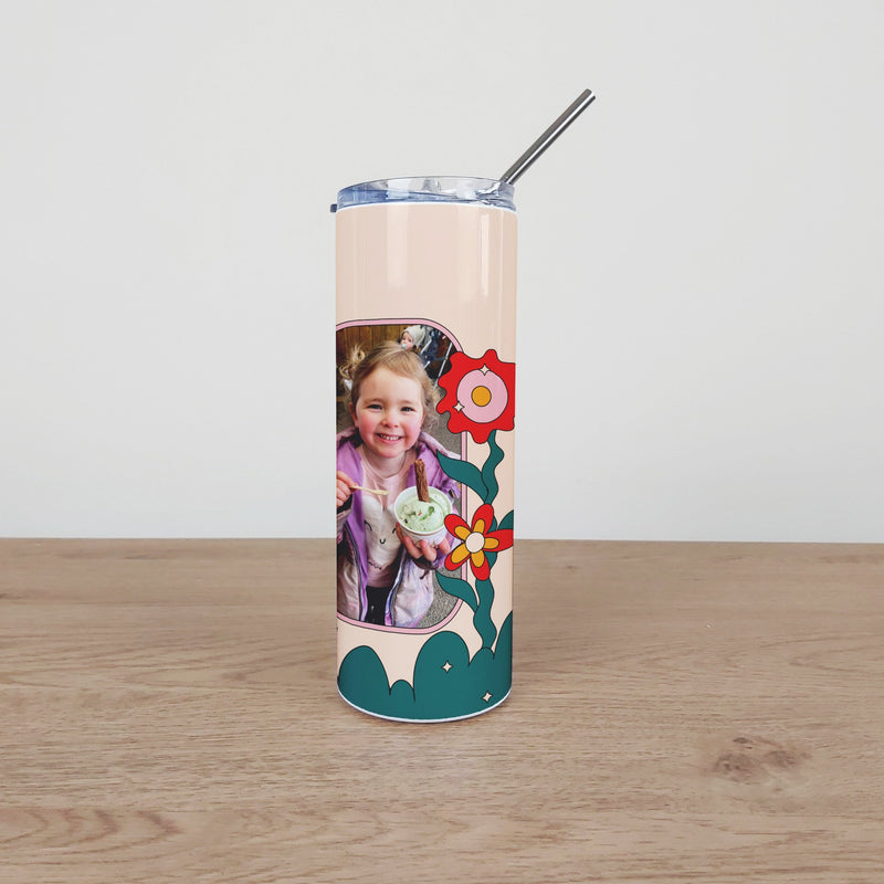 Personalised Stainless Steel Skinny Tumbler & Straw with Flowery Photo Frame Design