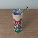 Personalised Stainless Steel Skinny Tumbler & Straw with Flowery Photo Frame Design