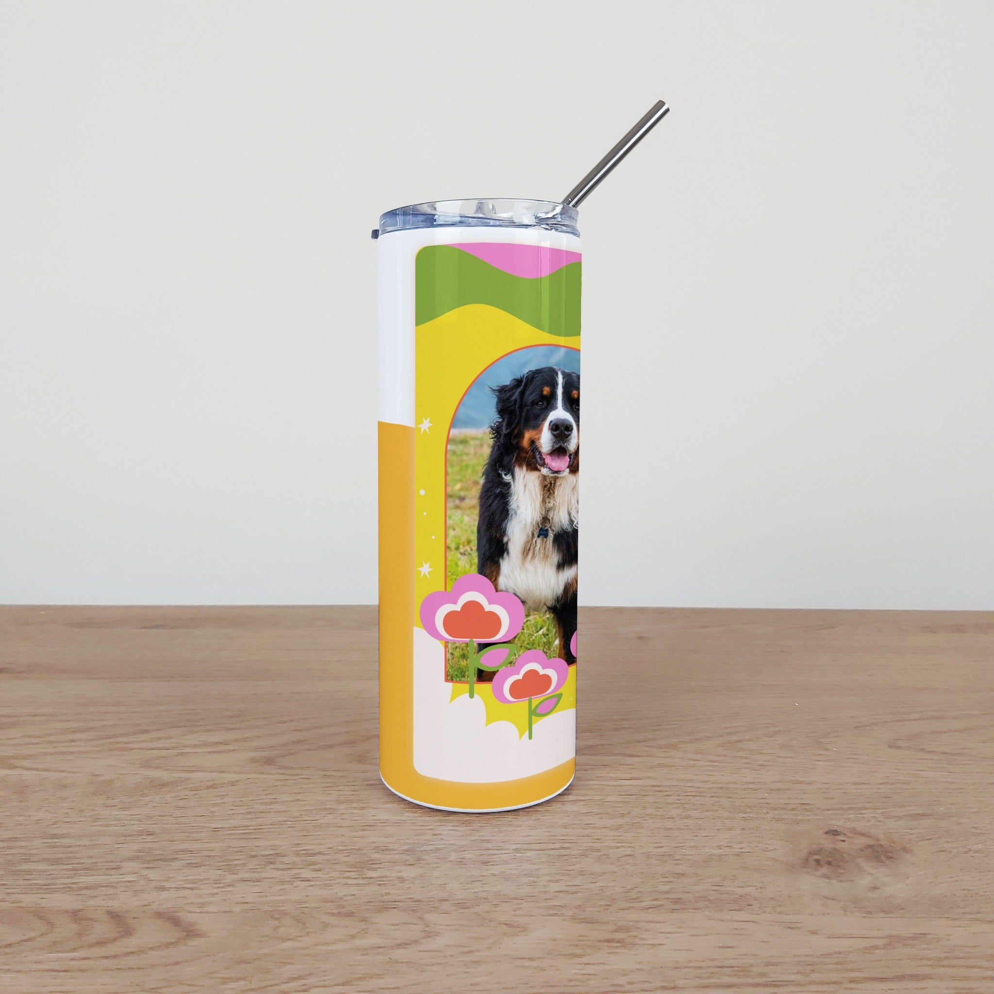 Personalised Stainless Steel Skinny Tumbler & Straw with Colourful Photo Frame Design