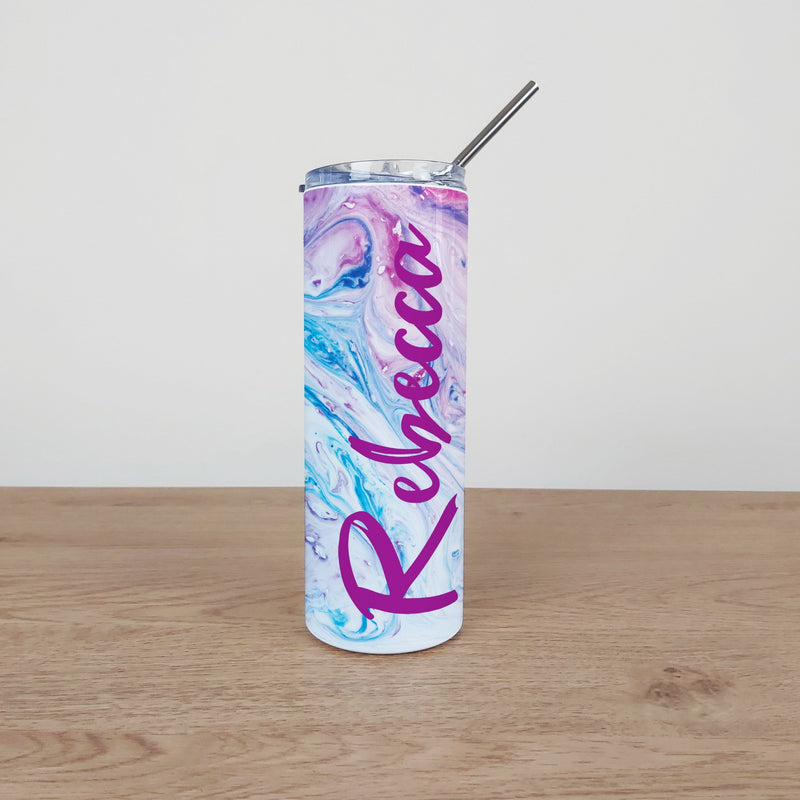 Personalised Stainless Steel Skinny Tumbler & Straw with Pink and Blue Marble Design