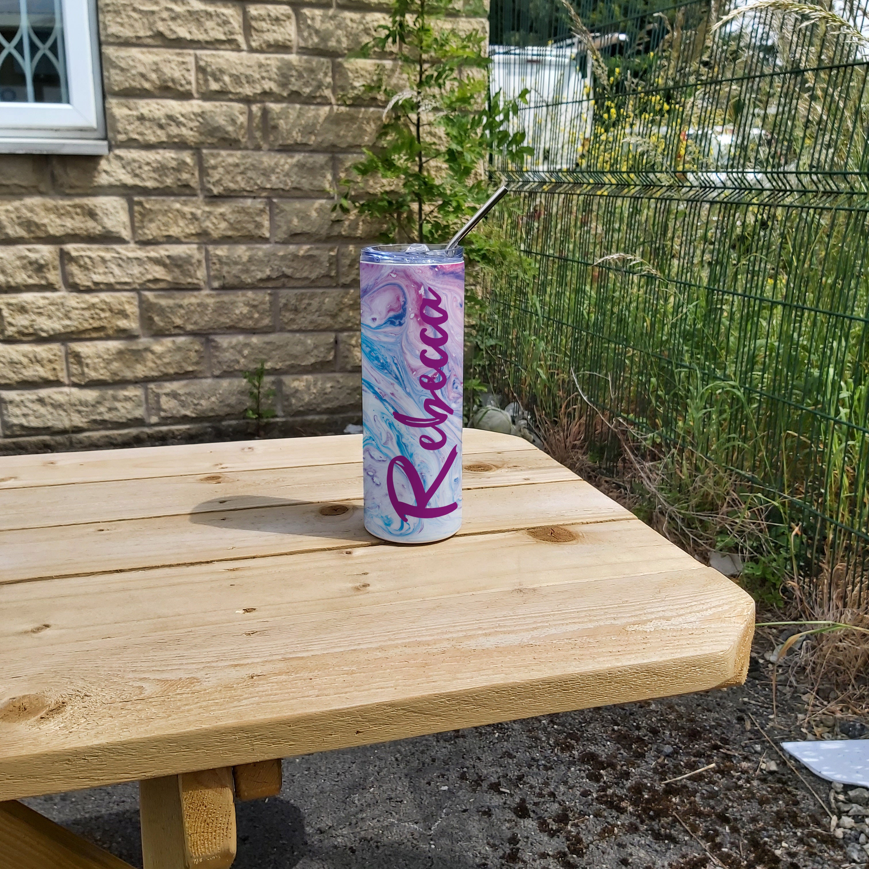 Personalised Stainless Steel Skinny Tumbler & Straw with Pink and Blue Marble Design