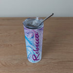 Personalised Stainless Steel Skinny Tumbler & Straw with Pink and Blue Marble Design