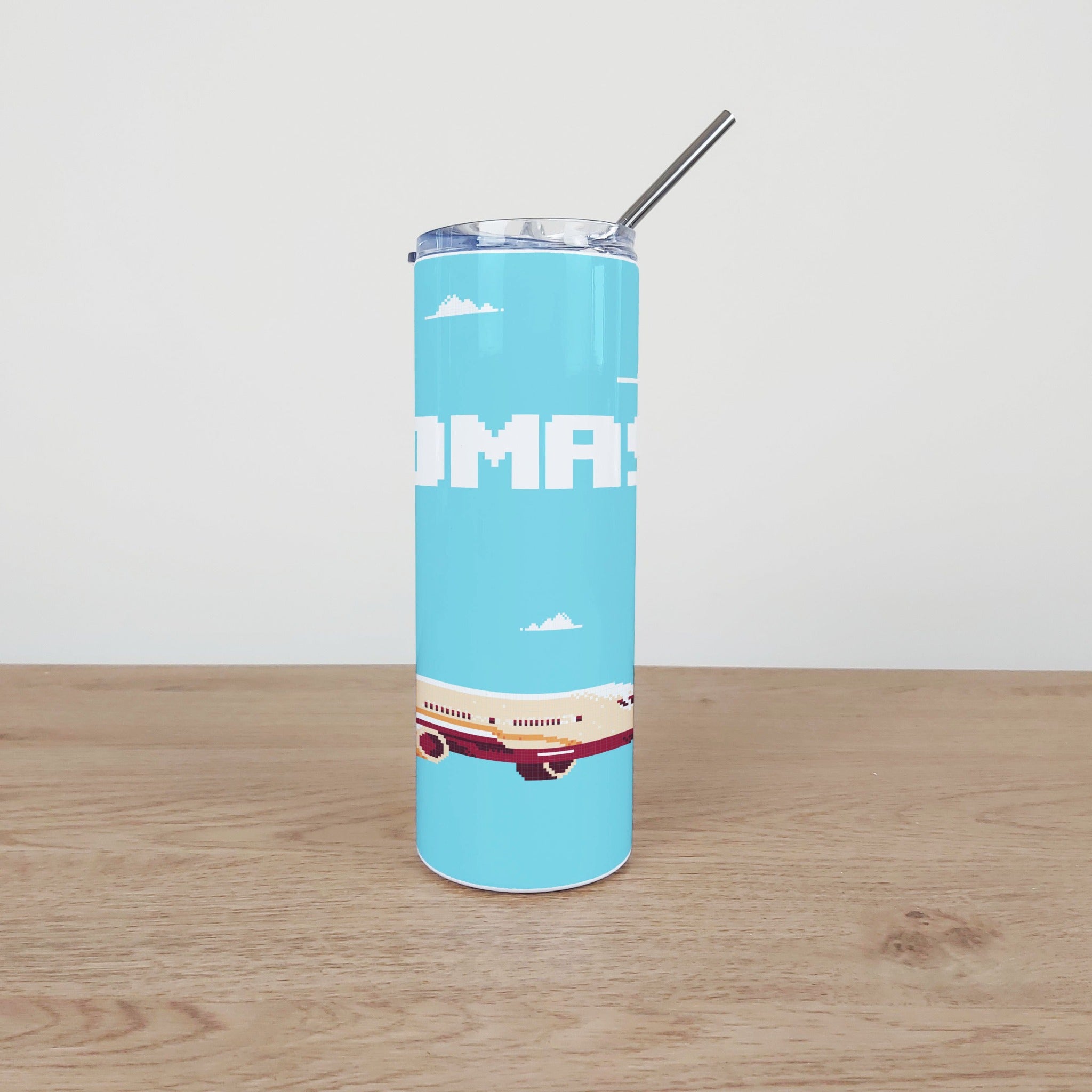 Personalised Stainless Steel Skinny Tumbler & Straw with Pixel Plane Design