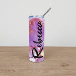 Personalised Stainless Steel Skinny Tumbler & Straw with Purple Marble Design