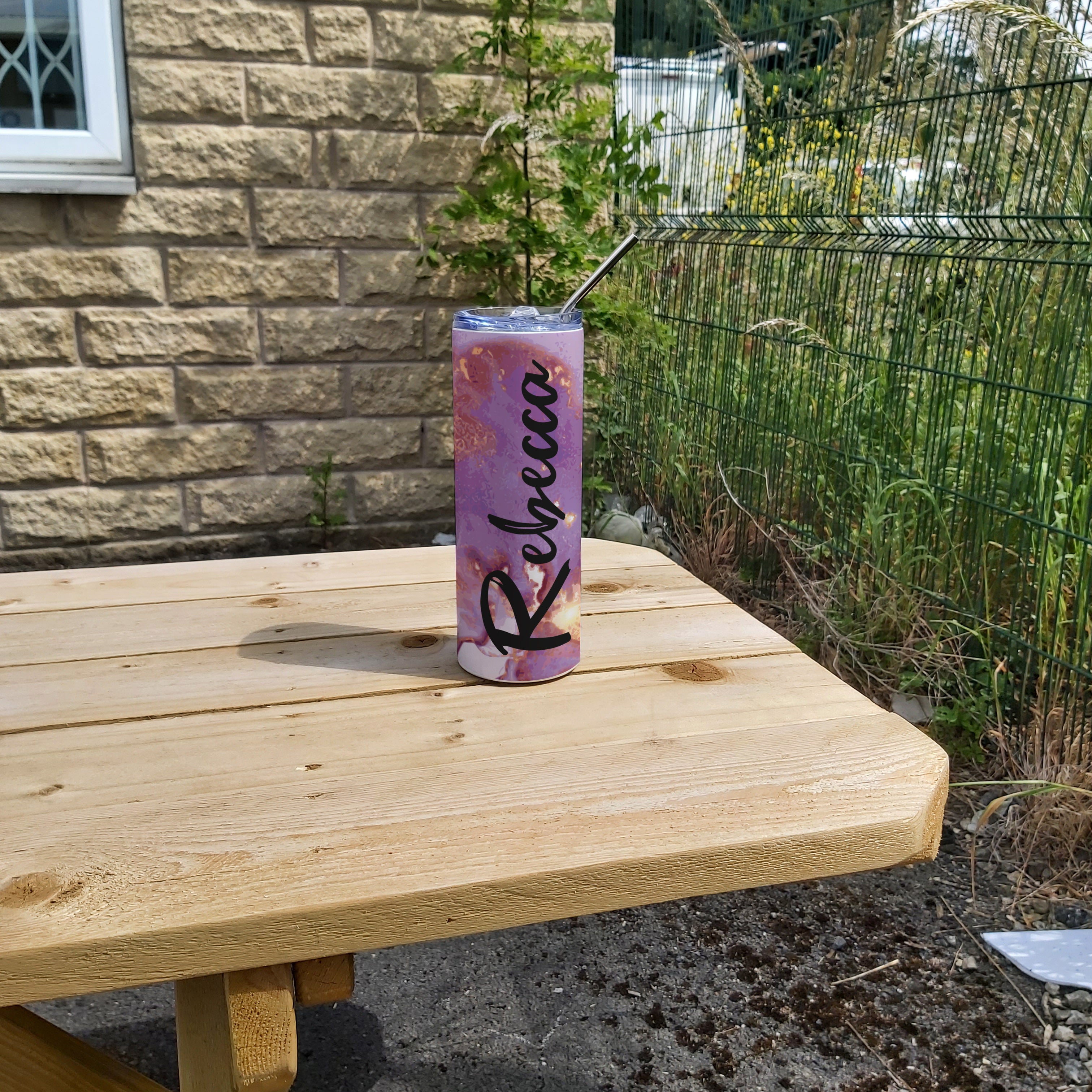 Personalised Stainless Steel Skinny Tumbler & Straw with Purple Marble Design