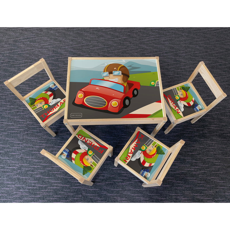 Personalised Children's Table and 4 Chairs Printed Race Car Design
