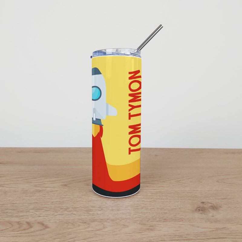 Personalised Stainless Steel Skinny Tumbler & Straw with Space Rocket Design