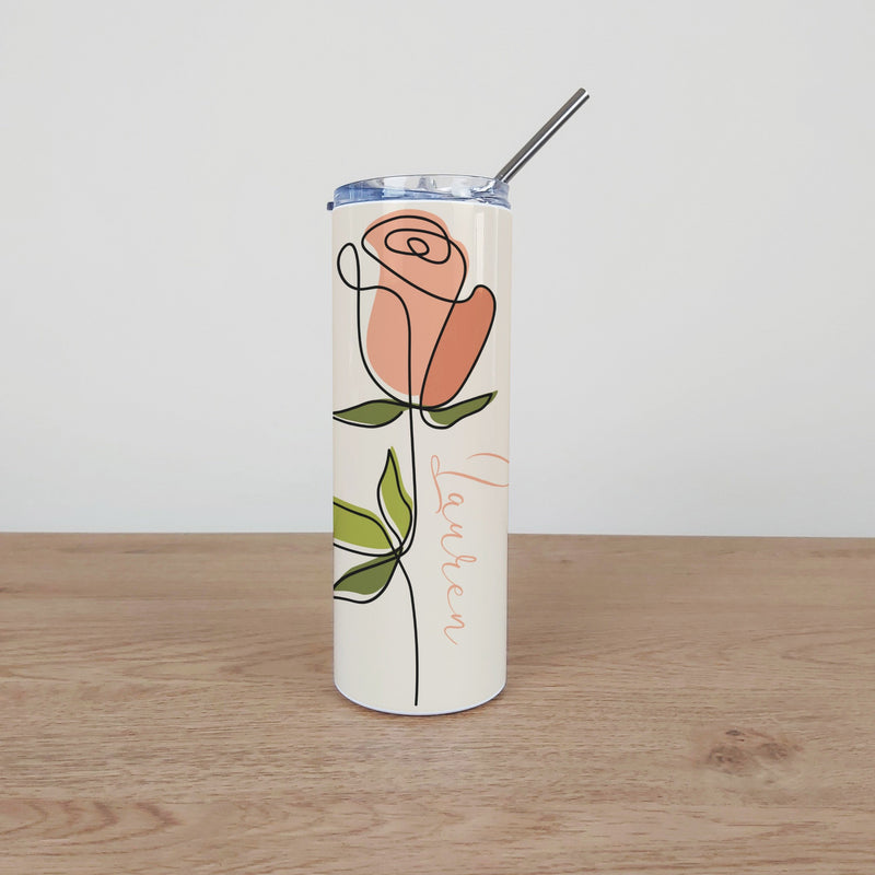 Personalised Stainless Steel Skinny Tumbler & Straw with Abstract Rose Flower Design