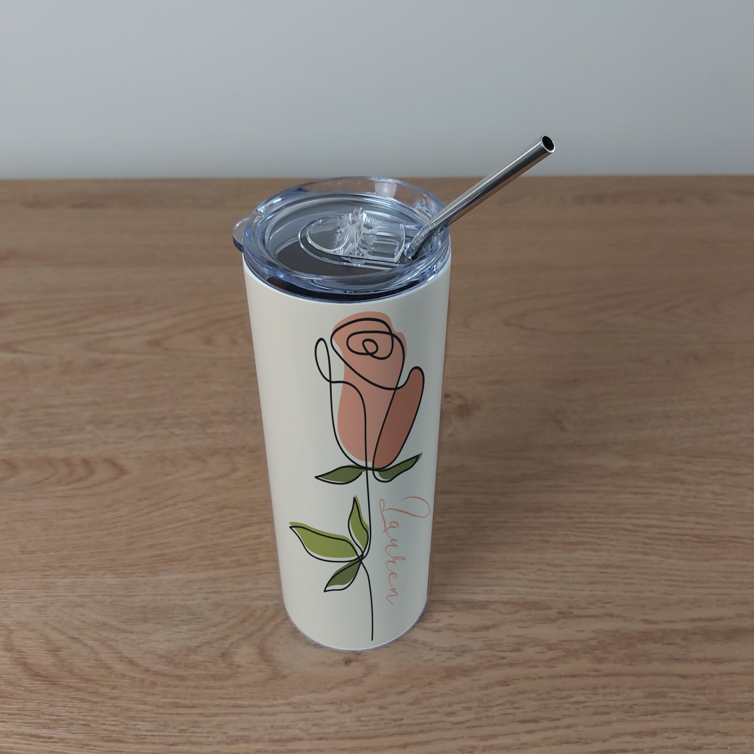 Personalised Stainless Steel Skinny Tumbler & Straw with Abstract Rose Flower Design