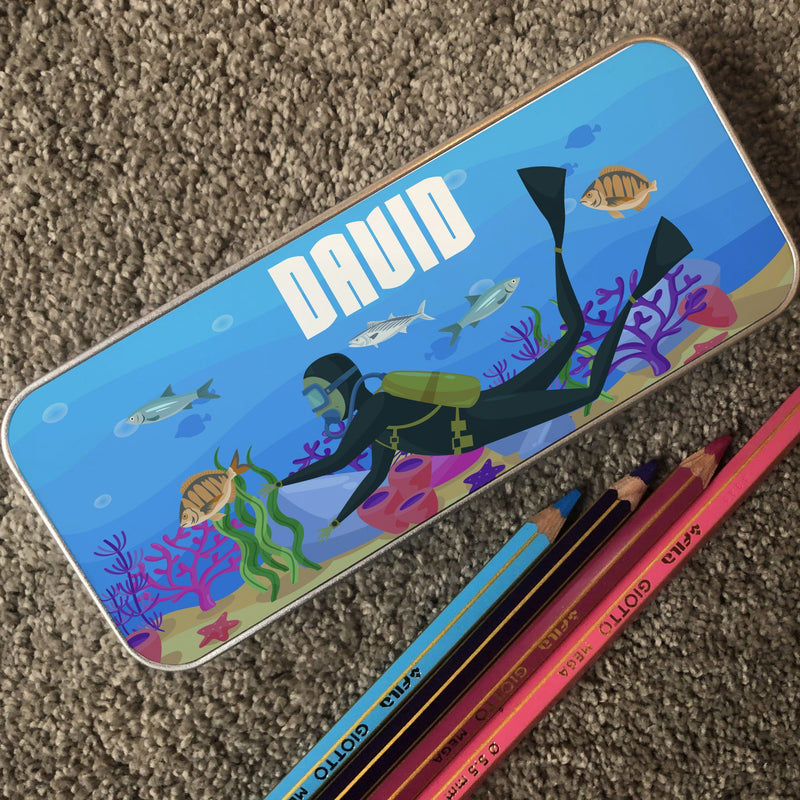 Personalised Children's Pencil Tin with Printed Scuba Underwater Design