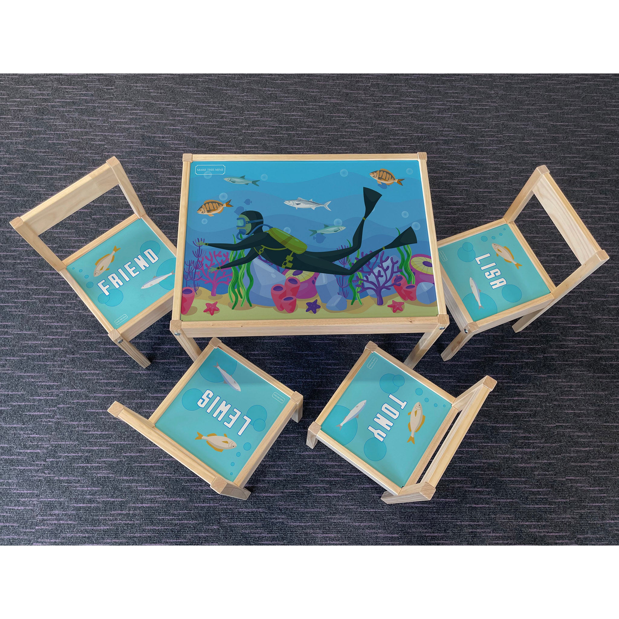 Personalised Children's Table and 4 Chairs Printed Under The Sea Scuba Design