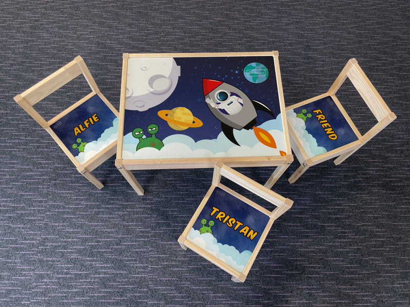 Personalised Children's Table and 3 Chairs Printed Space Astronaut Design