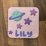 Personalised Kids Hardboard Placemat and Coaster Set Pink Space Design