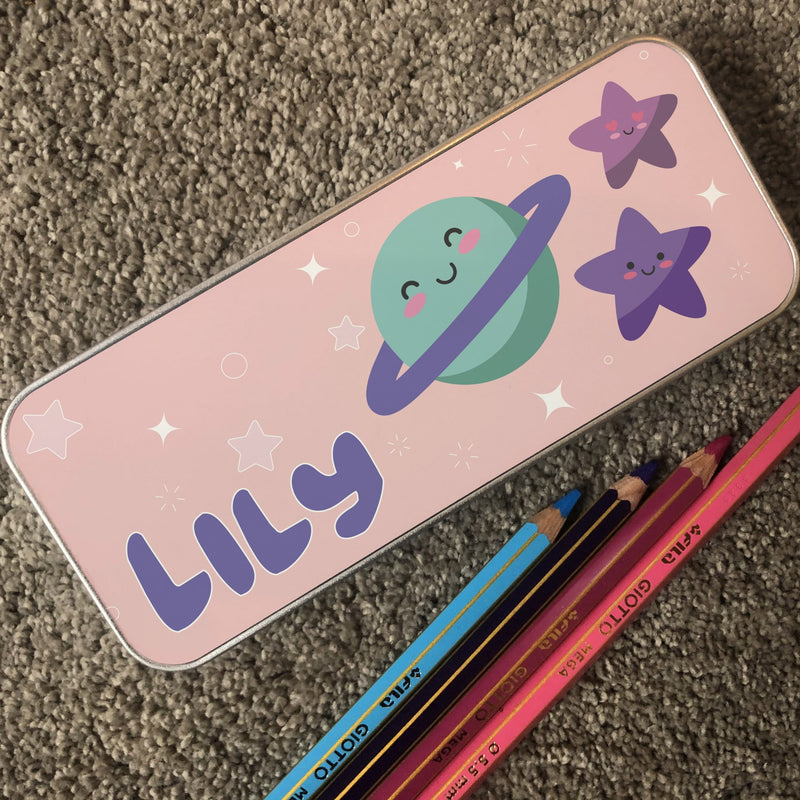 Personalised Children's Pencil Tin with Printed Pink Space Design