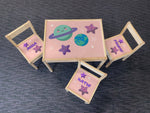 Personalised Children's Table and 3 Chairs Printed Pink Stars Planets Design