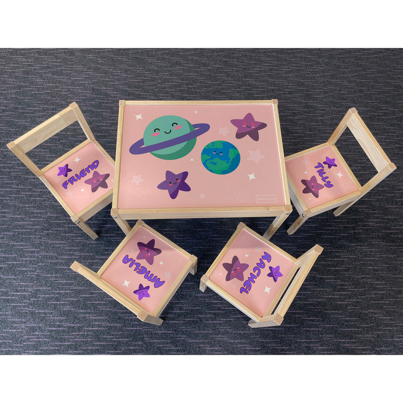 Personalised Children's Table and 4 Chairs Printed Pink Stars Planets Design