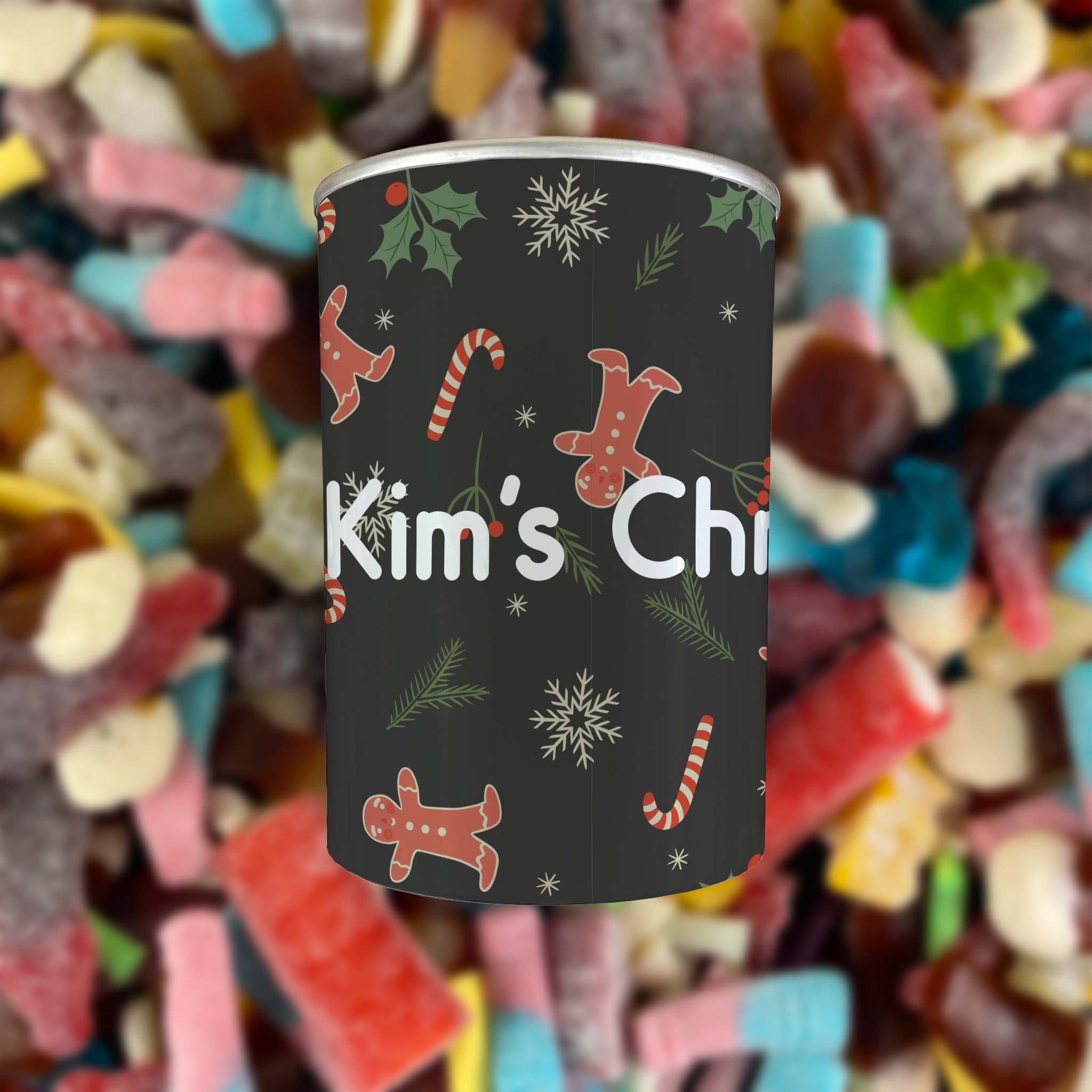 Personalised Pick & Mix Sweets Tin Can with Gingerbread Man Design