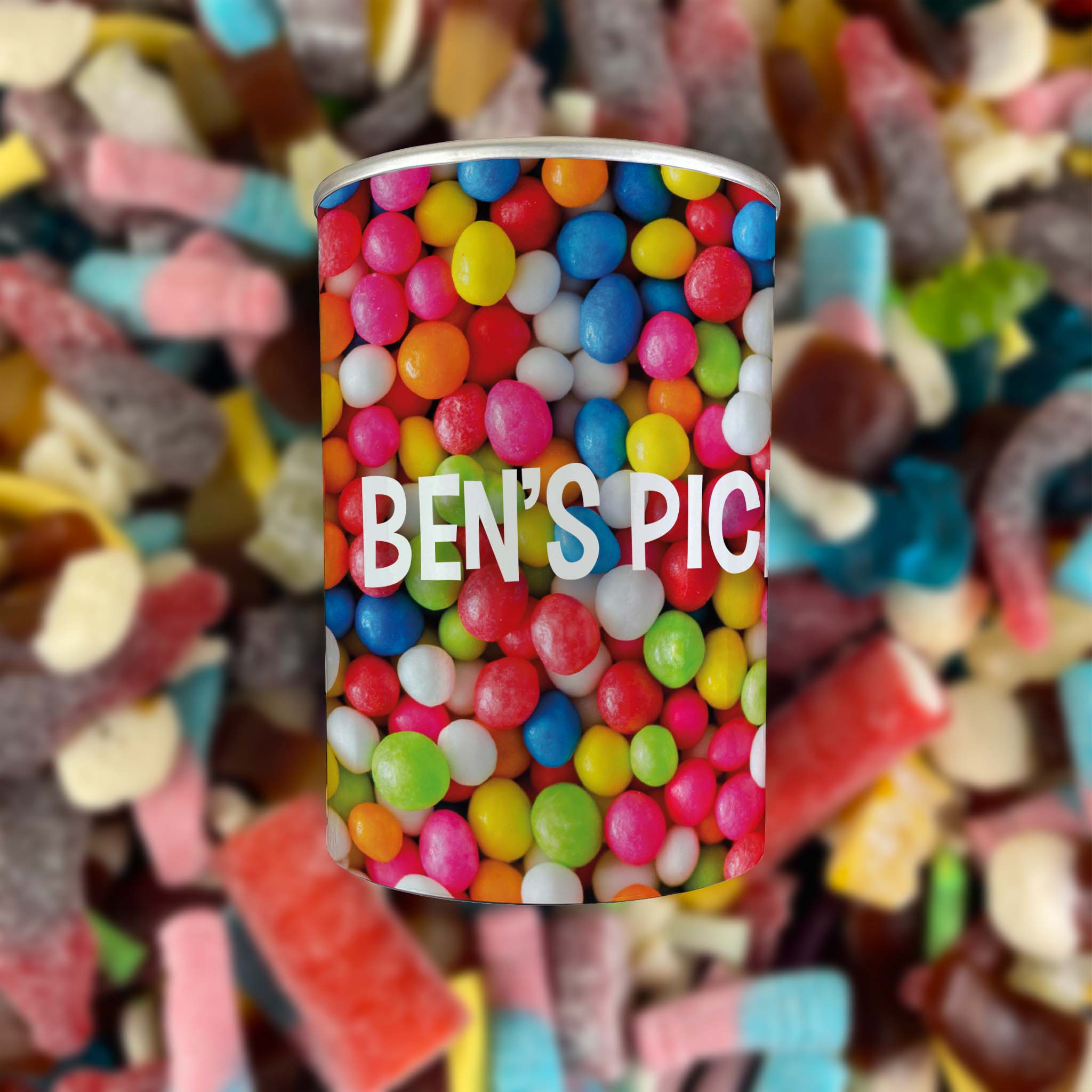 Personalised Pick & Mix Sweets Tin Can with Gum Ball Design