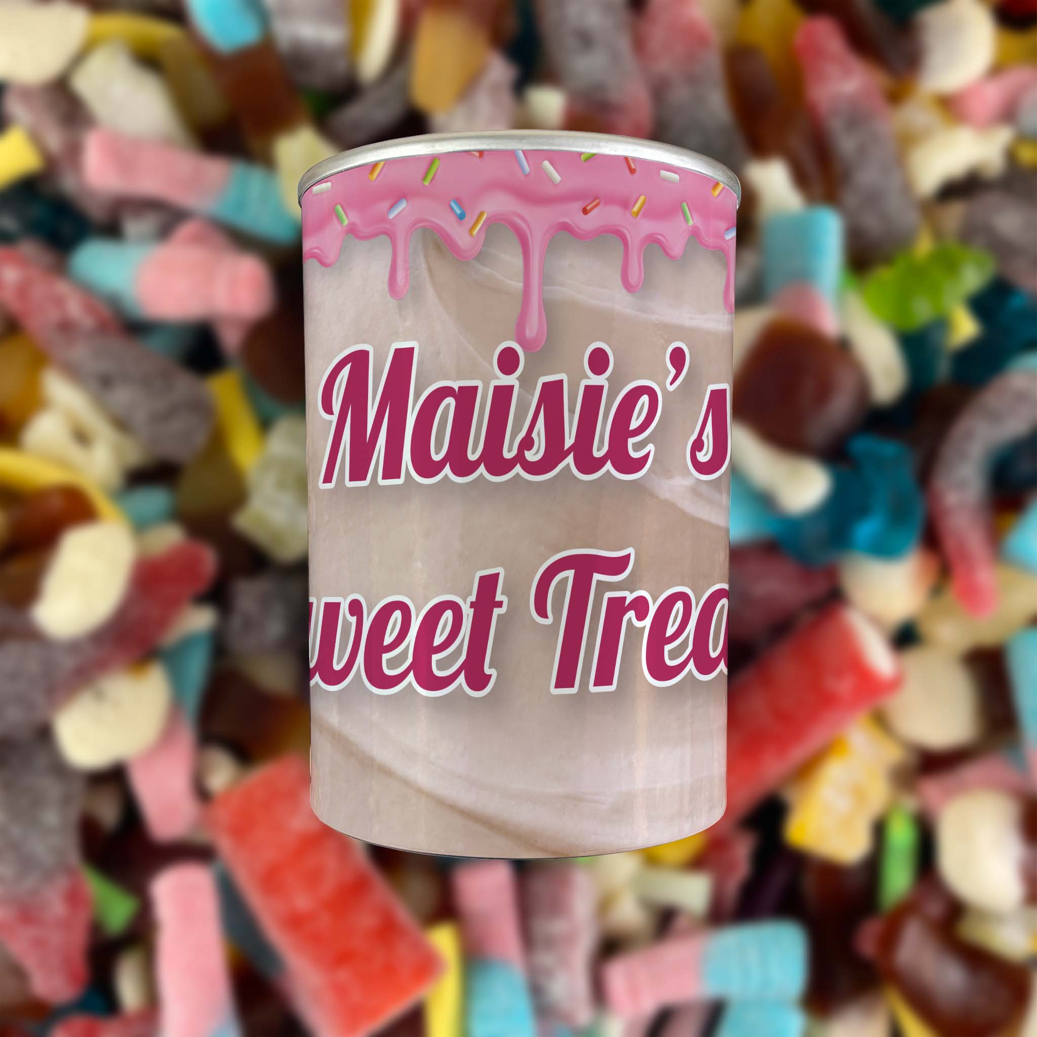 Personalised Pick & Mix Sweets Tin Can with Pink Icing Design