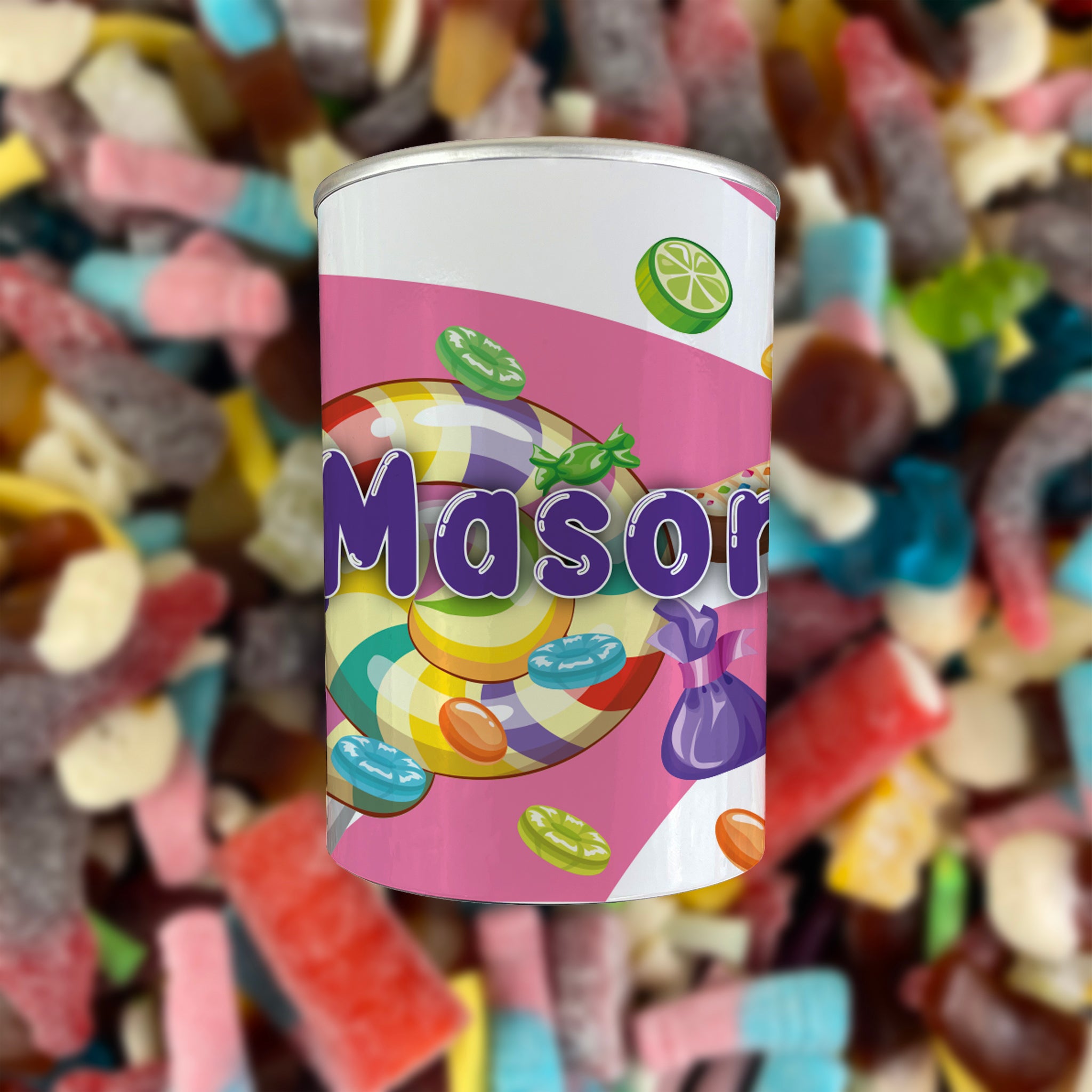 Personalised Pick & Mix Sweets Tin Can with Lollipop Swirl Design