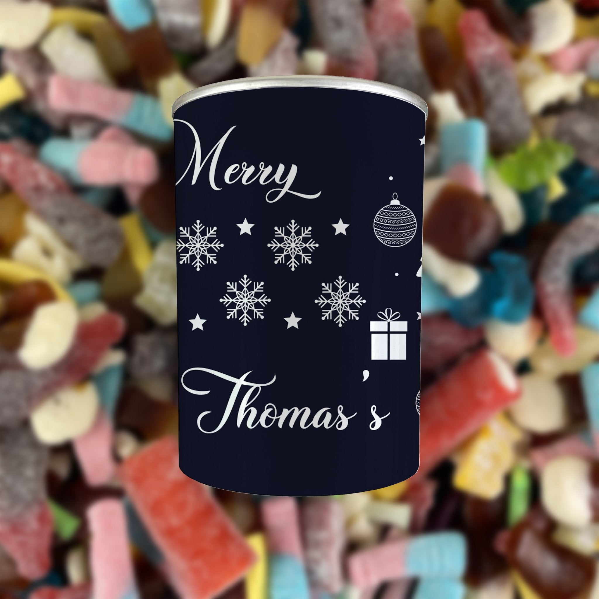 Personalised Pick & Mix Sweets Tin Can with Snowman Design