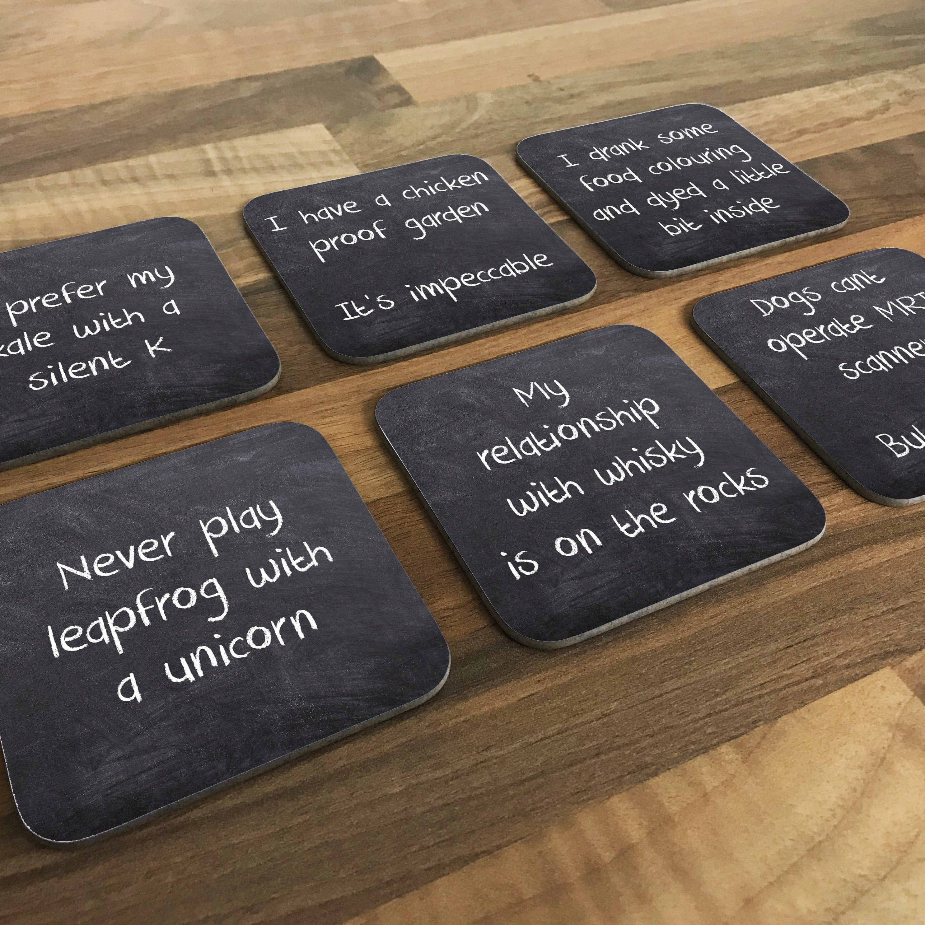 Set No 3 - Chalk Board Effect Pun Coasters - 6pk