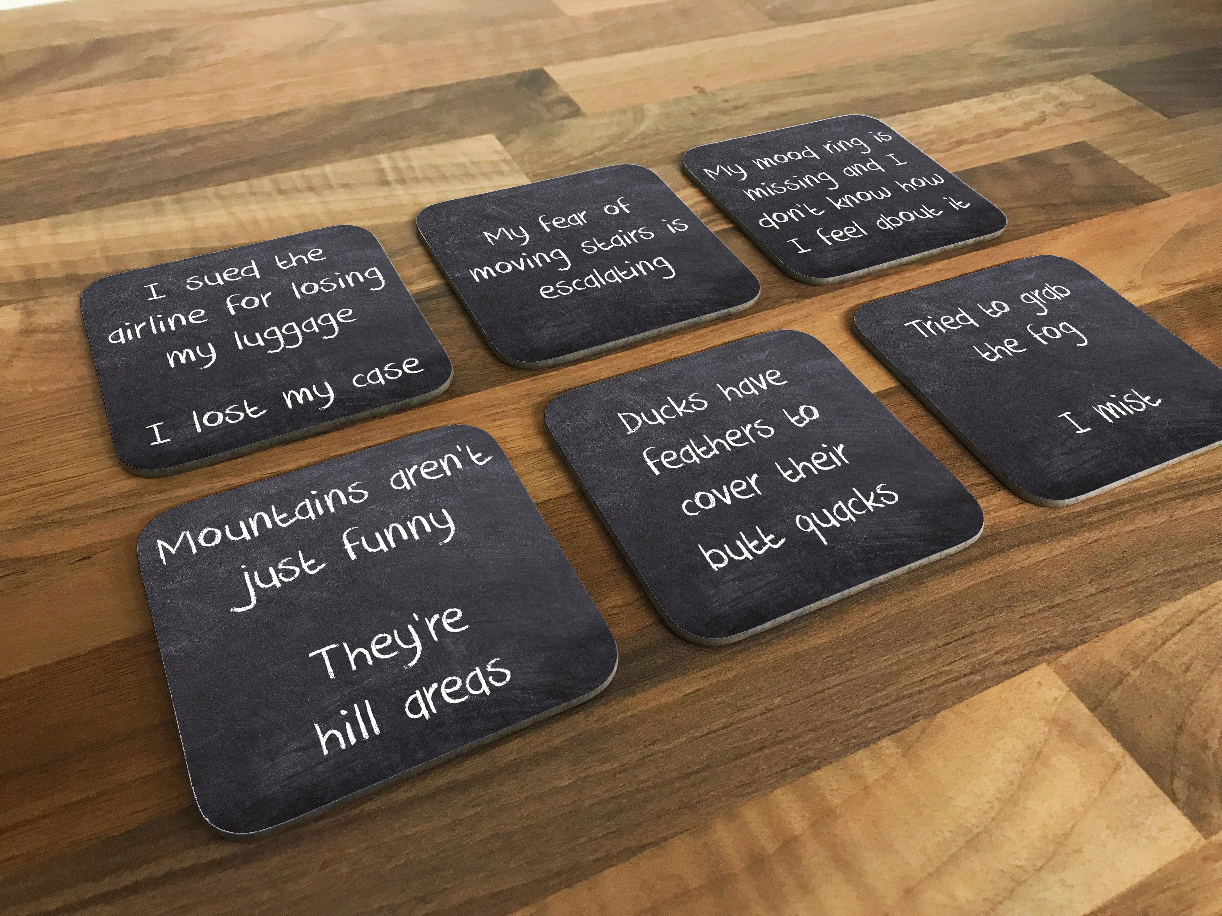 Set No 4 - Chalk Board Effect Pun Coasters - 6pk