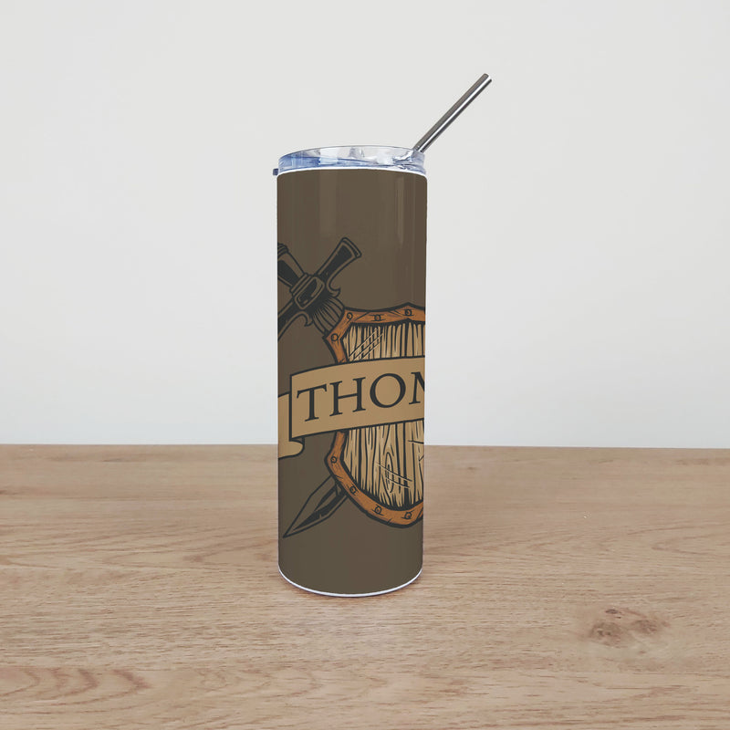 Personalised Stainless Steel Skinny Tumbler & Straw with Medieval Shield Design