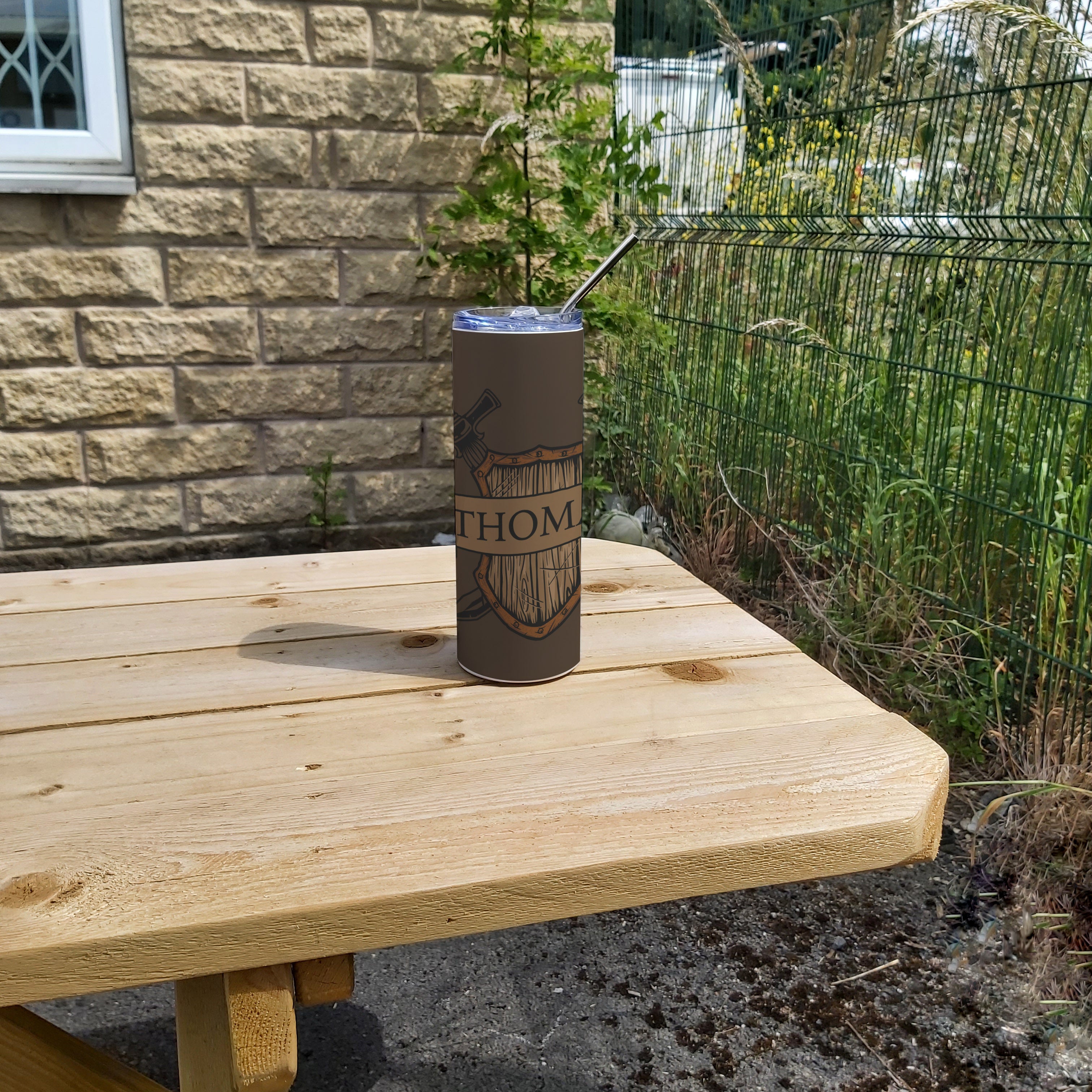 Personalised Stainless Steel Skinny Tumbler & Straw with Medieval Shield Design