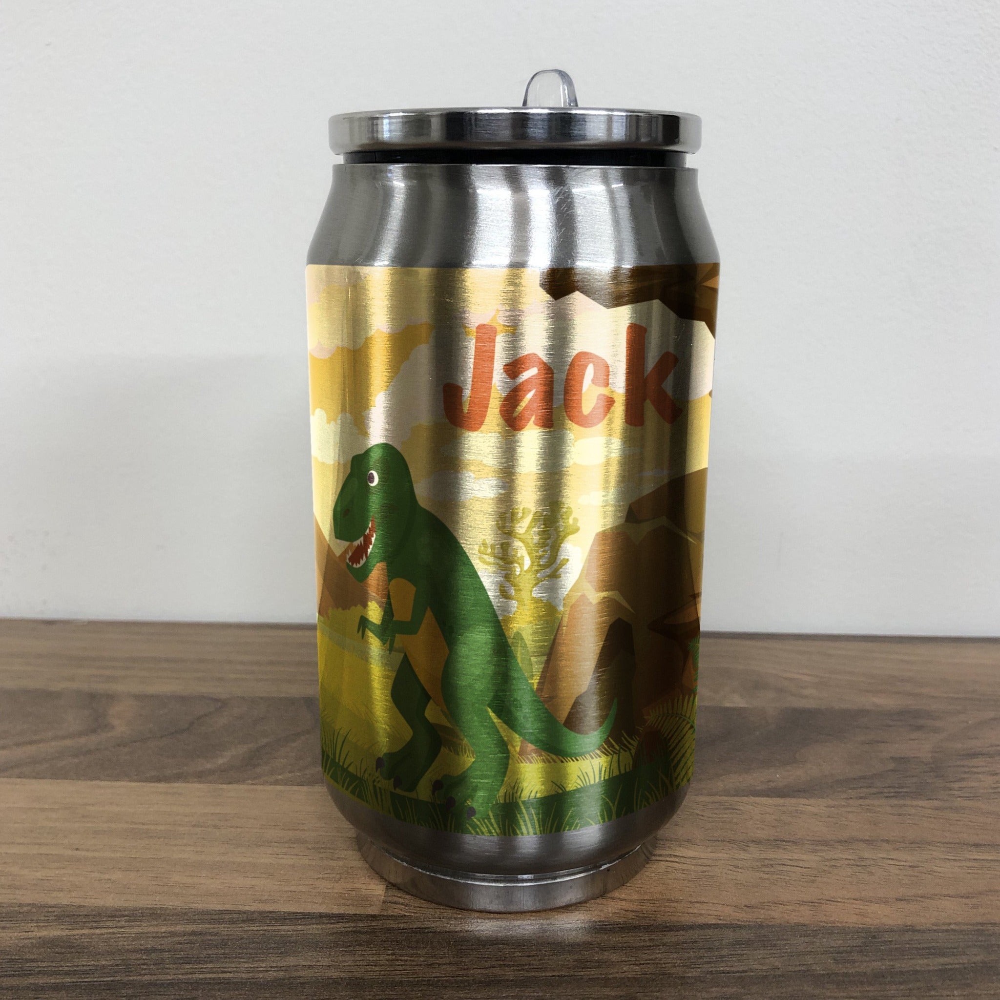 Personalised Children's Orange Dinosaur 280ml Stainless Steel Drinks Can