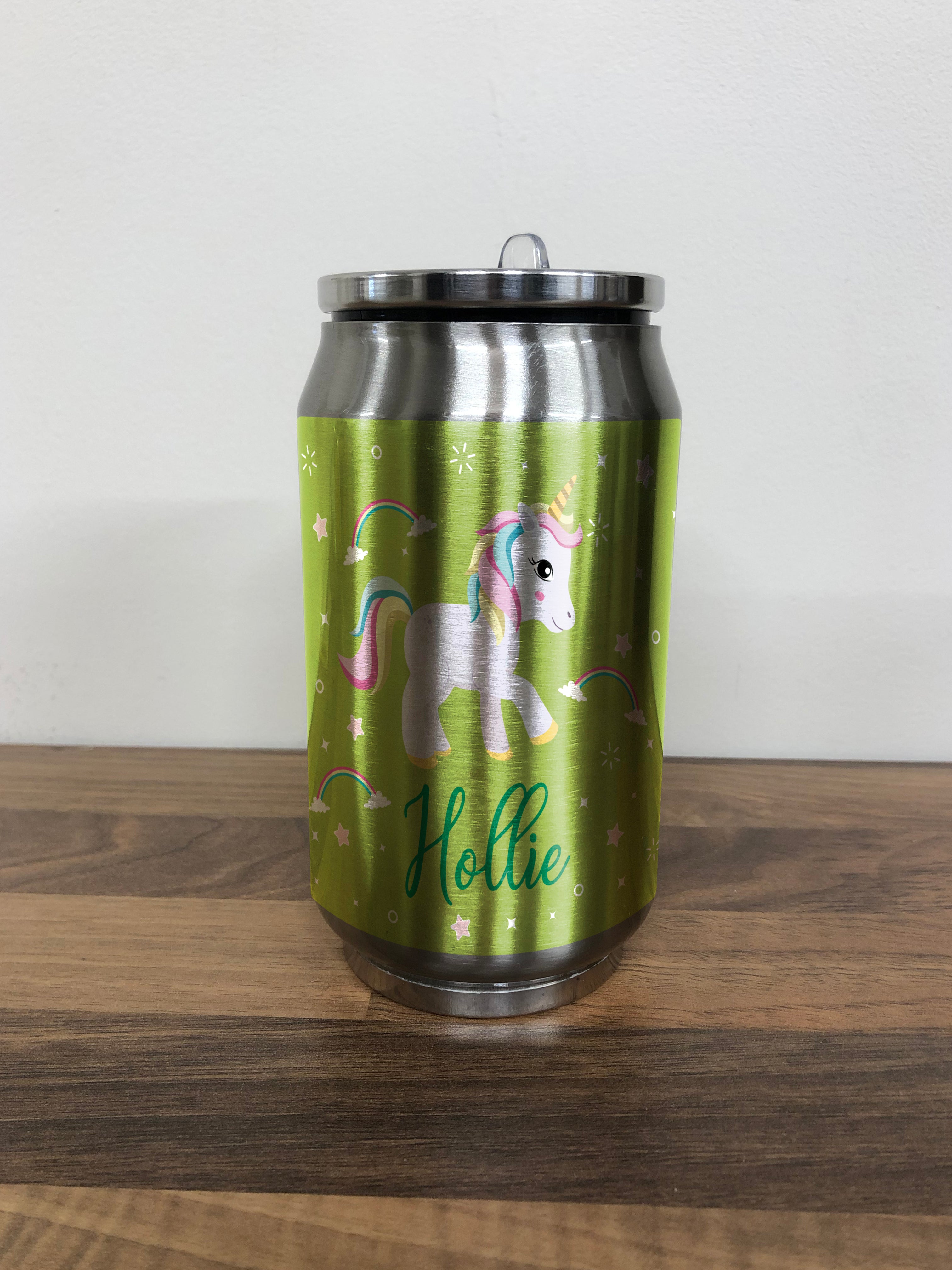 Personalised Children's Green Unicorn 280ml Stainless Steel Drinks Can