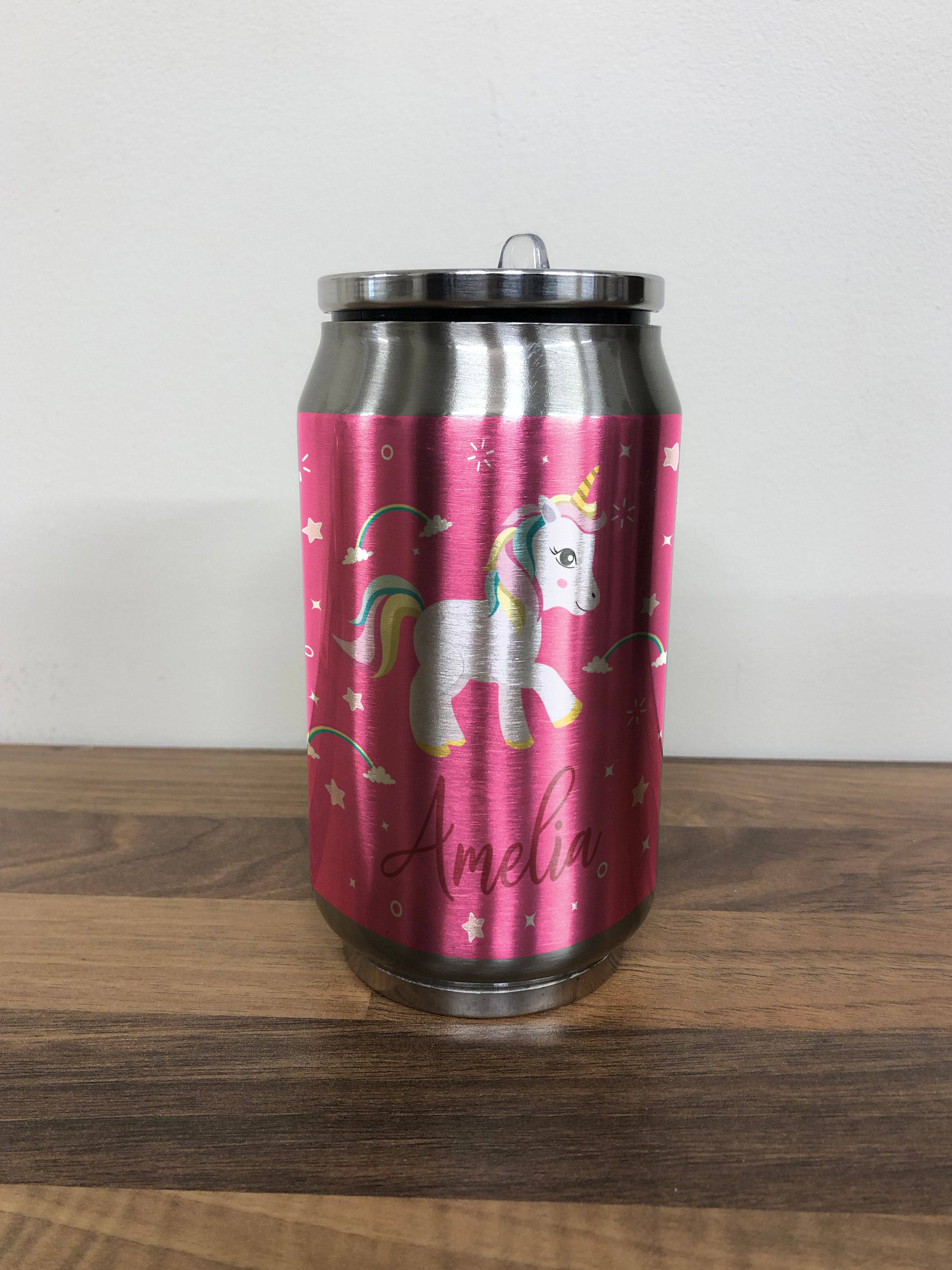 Personalised Children's Pink Unicorn 280ml Stainless Steel Drinks Can