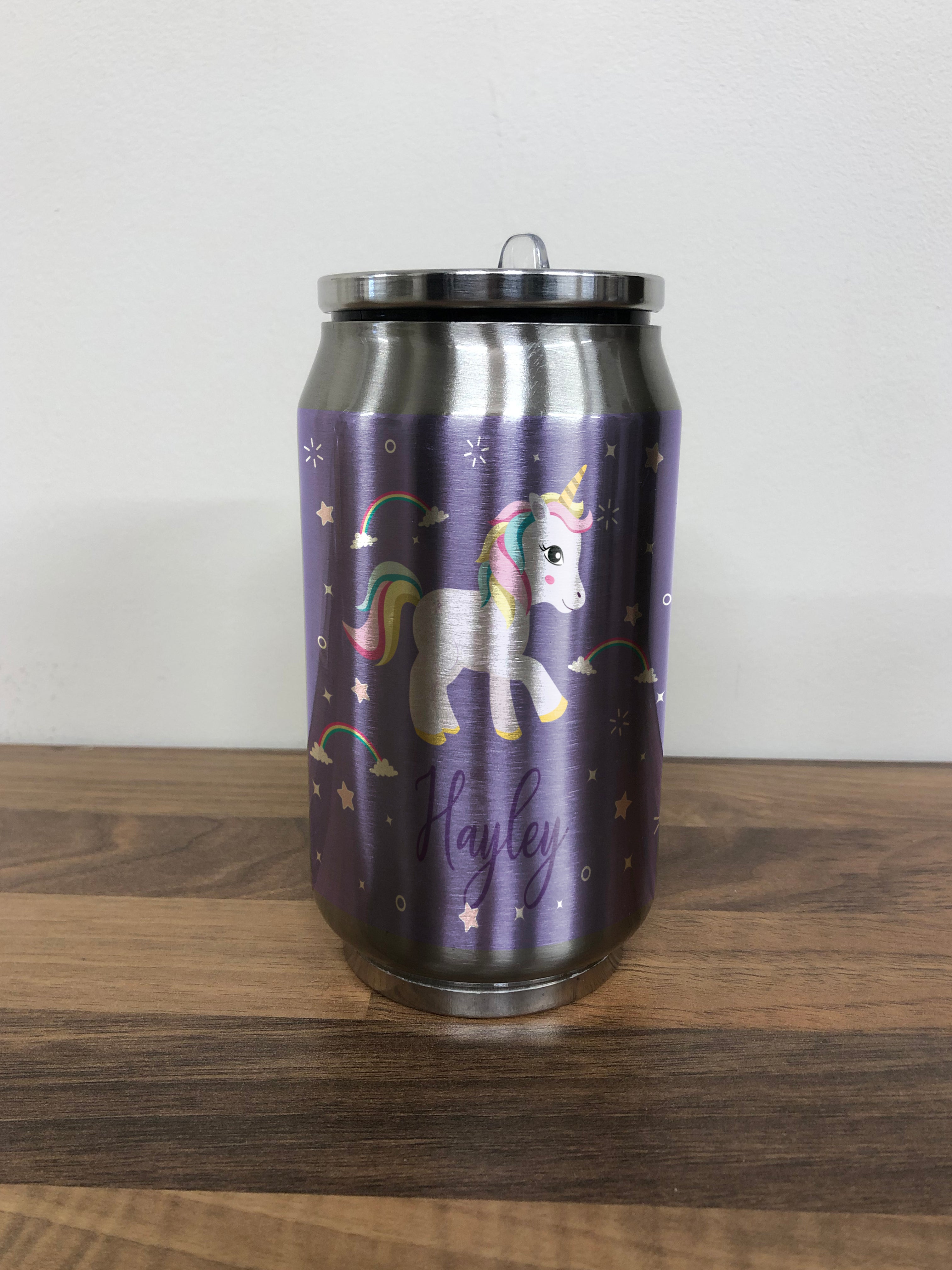 Personalised Children's Purple Unicorn 280ml Stainless Steel Drinks Can