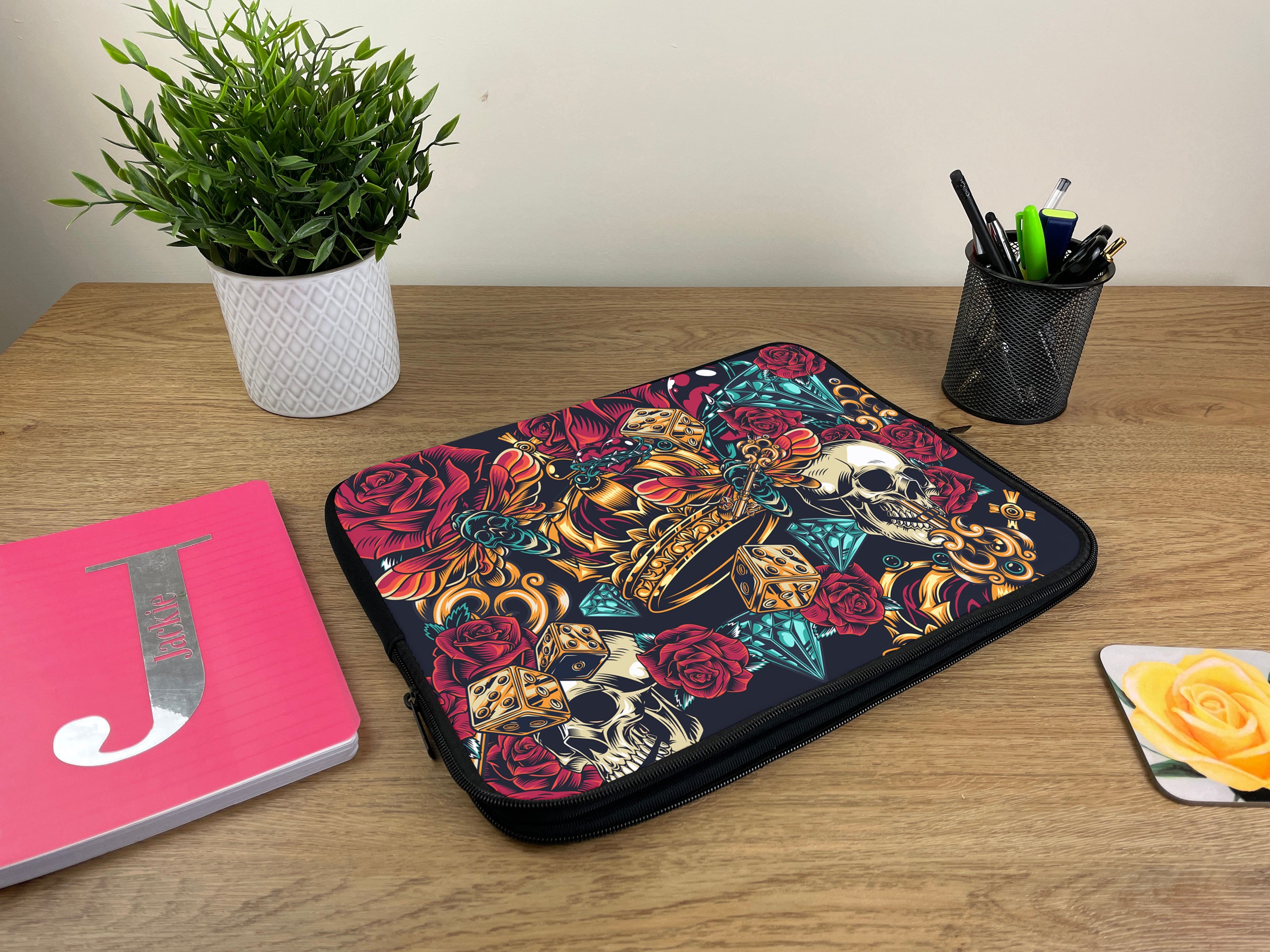 Laptop Sleeve with Coloured Skulls and Roses Design